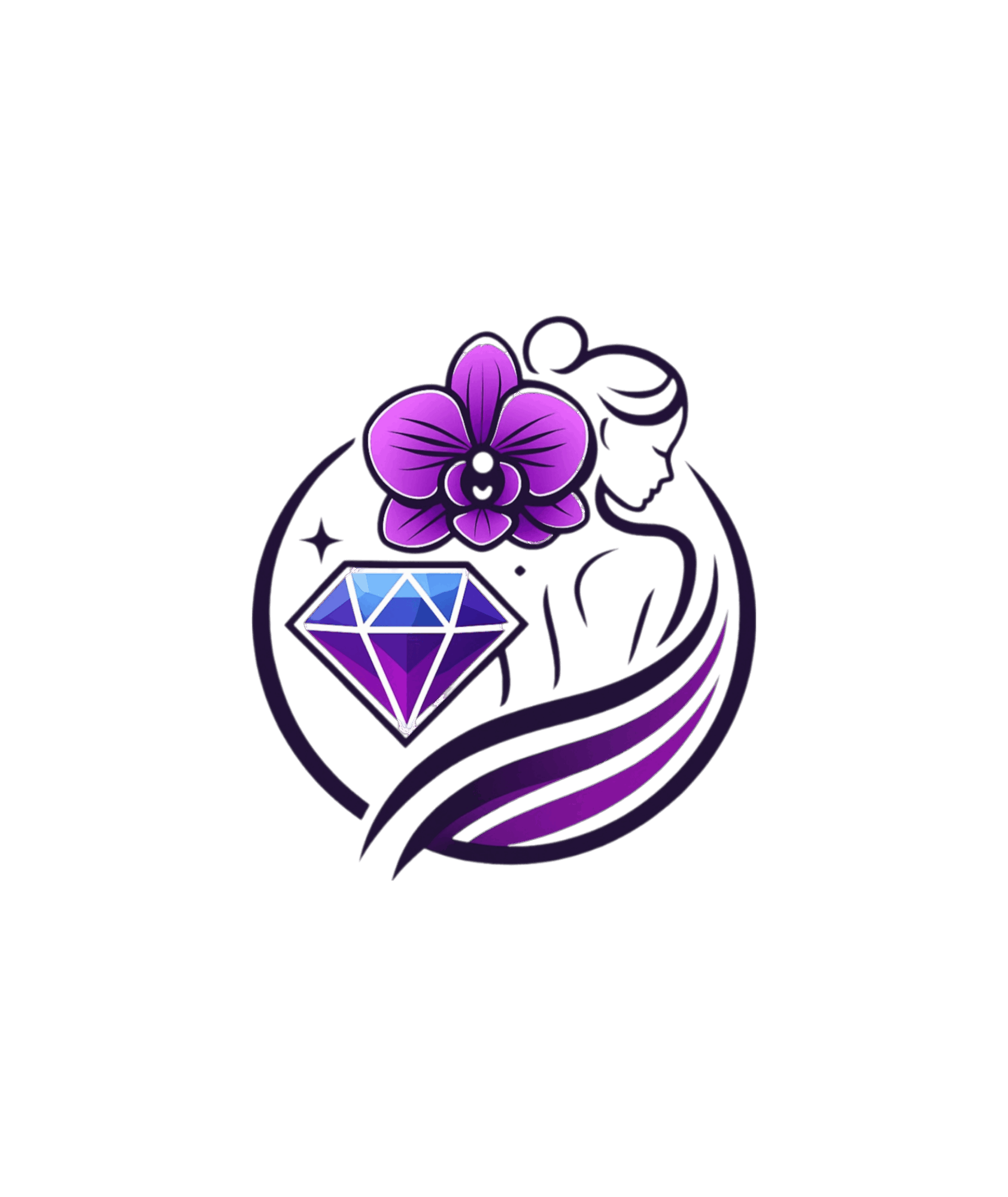 Purple orchid flower, diamond, and flowing lines on black background, with stars, in a stylized design.