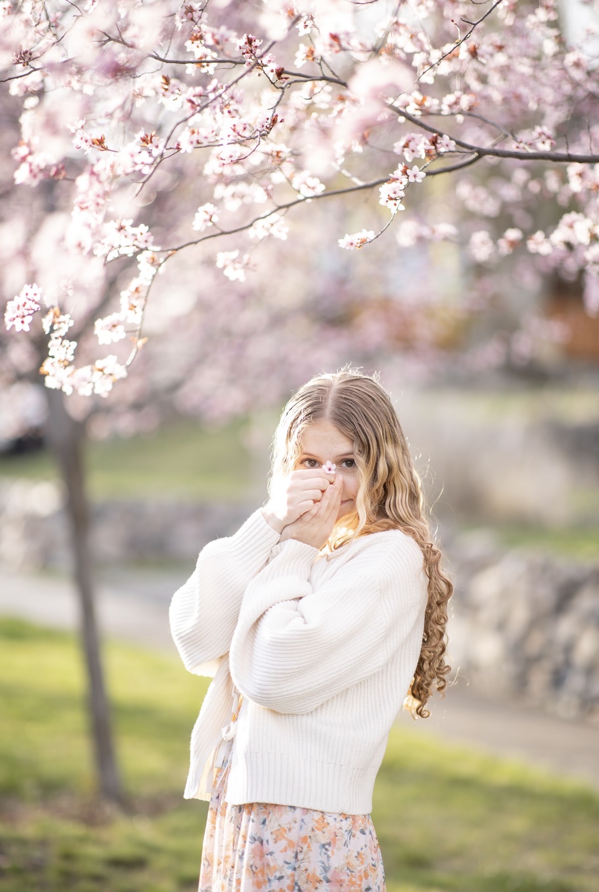 Young woman with long curly hair covering her mouth with her hand outdoors, cherry blossoms overhead, blurred background.