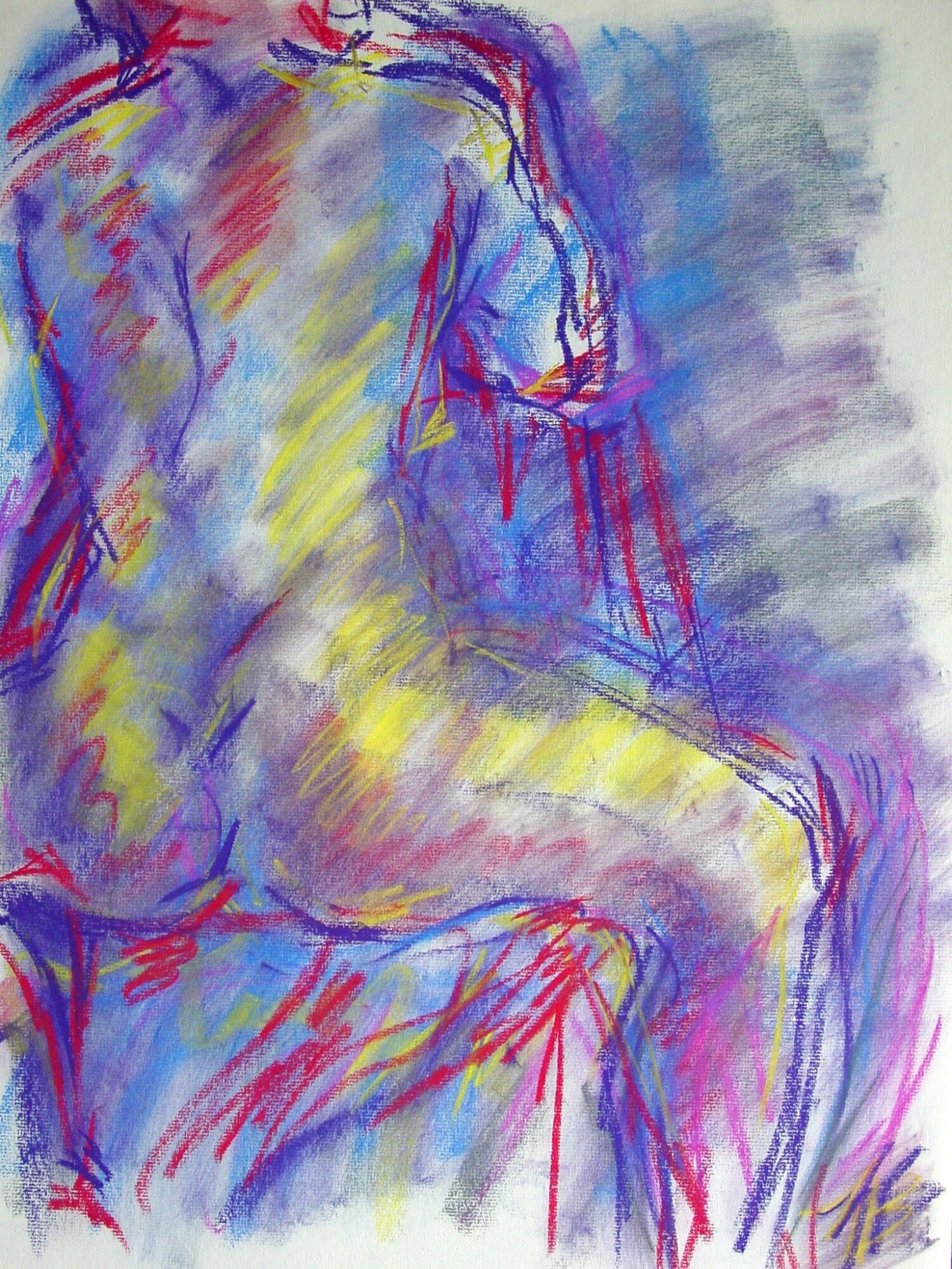 Colorful sketch of a seated person with visible shoulders, back, and legs, using vibrant lines and shading.