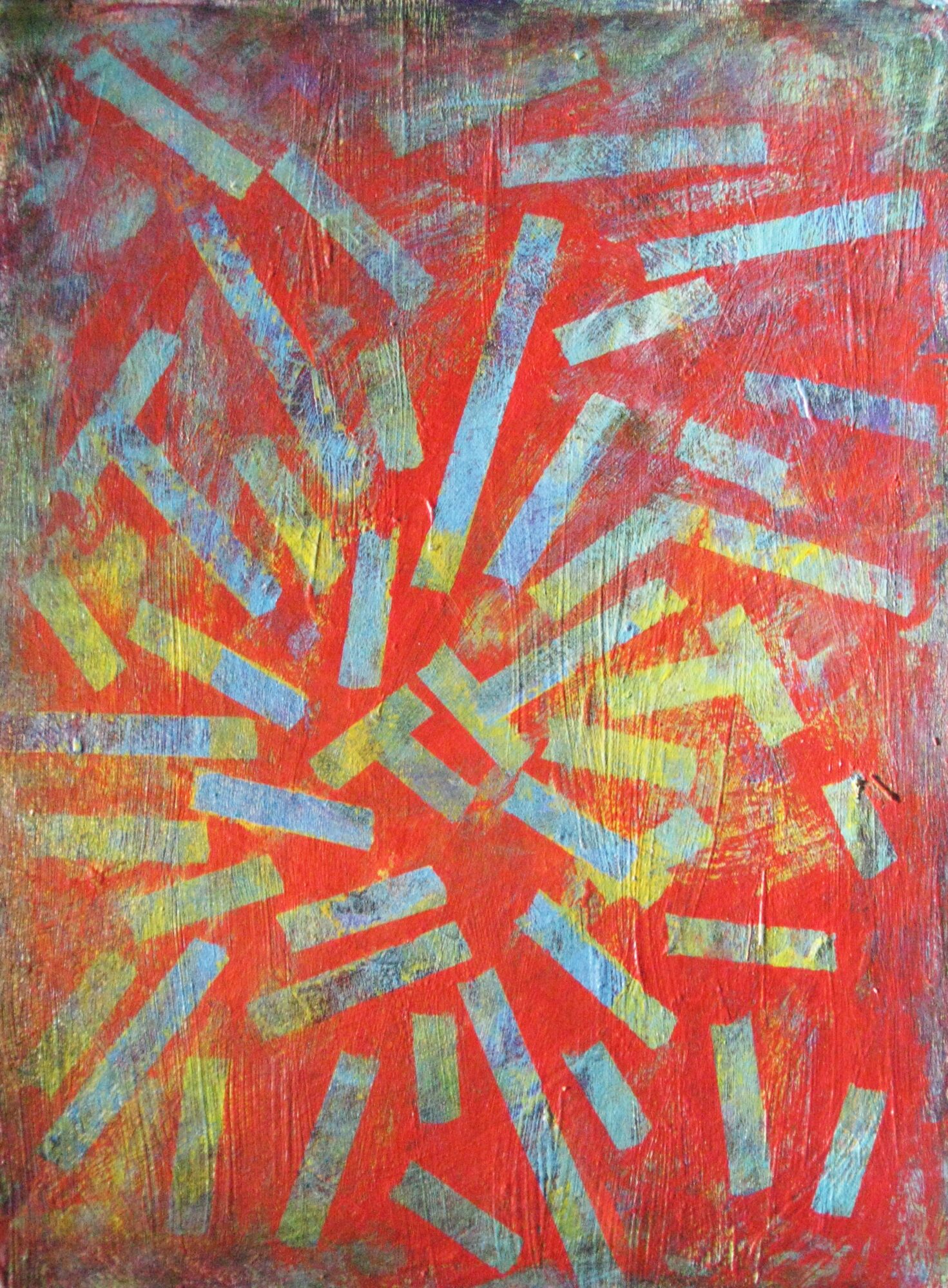 Abstract painting with red, yellow, and blue geometric shapes on a textured background.