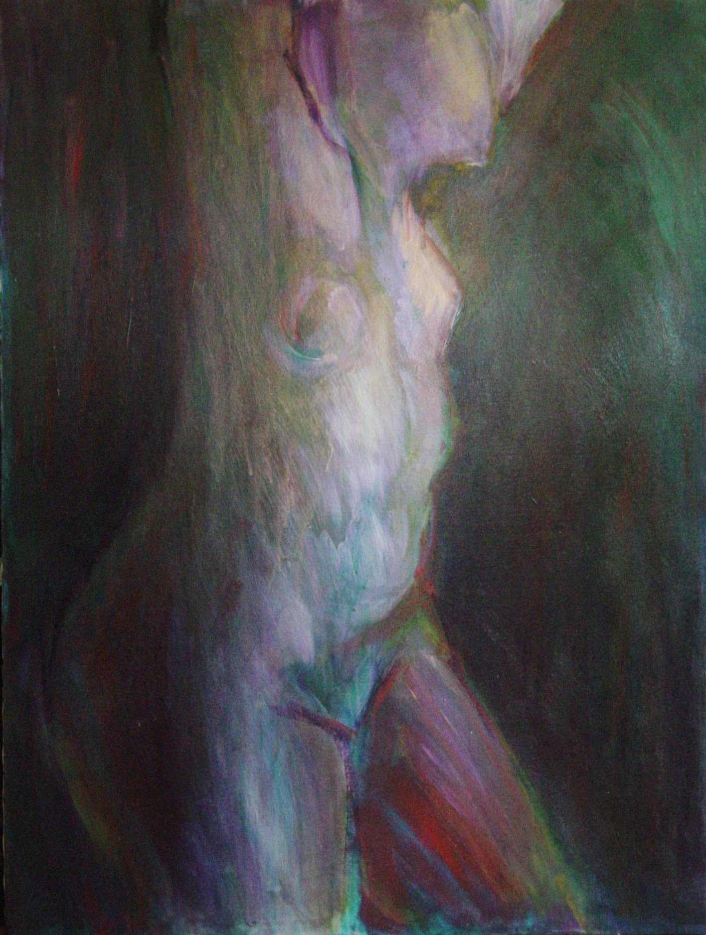 Abstract painting of a nude figure with soft, blended colors and a dark background.