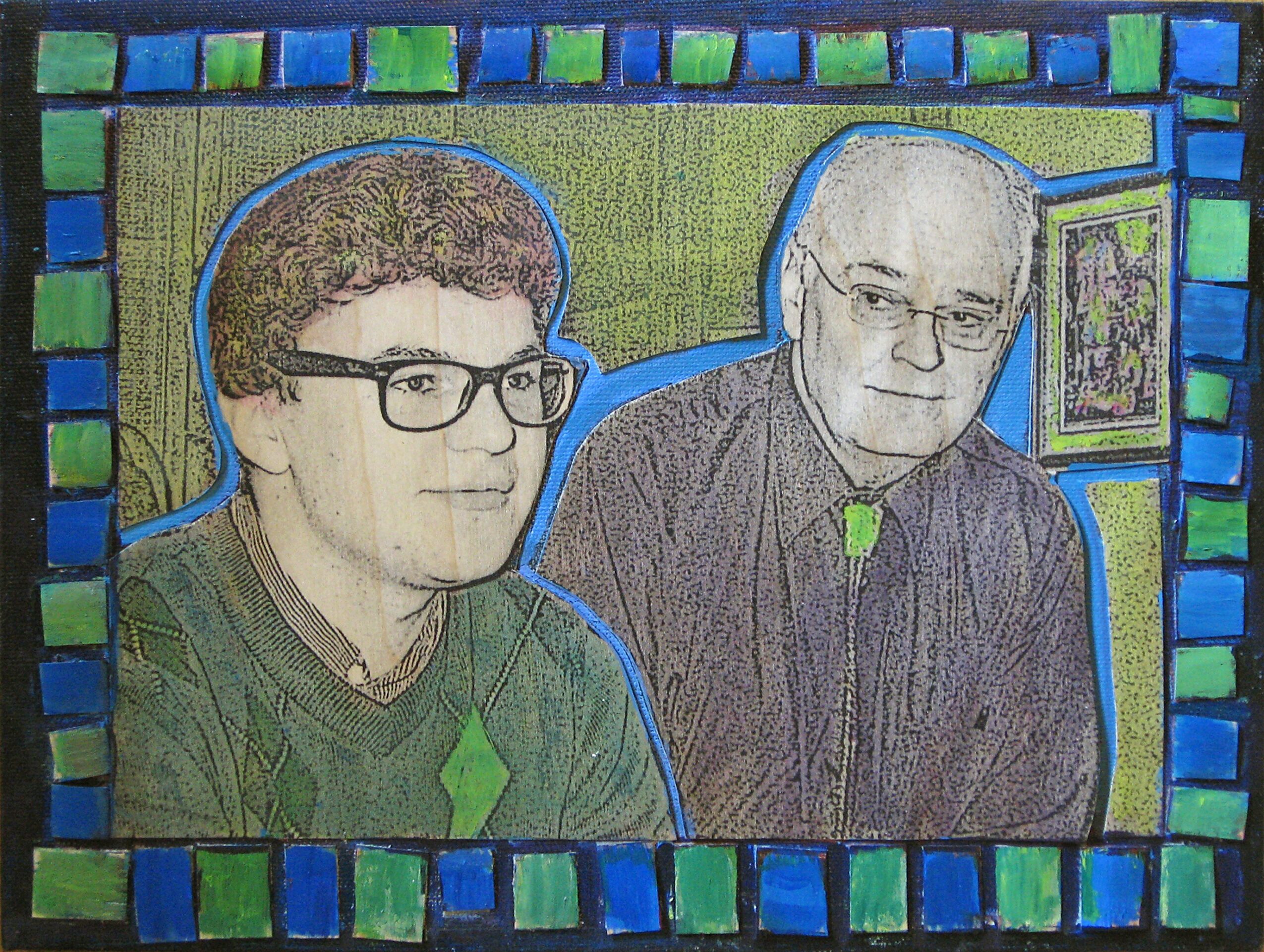 Two men with glasses sit side by side, outlined in blue, with a green background and a colorful mosaic border.