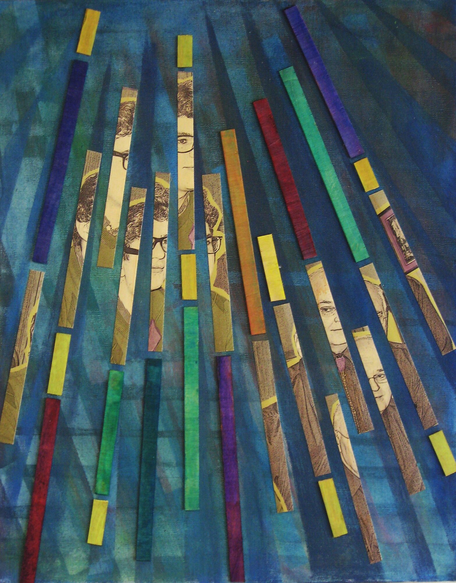 Colorful vertical bars on a textured background with abstract patterns, mostly in blue, green, yellow, and red tones.