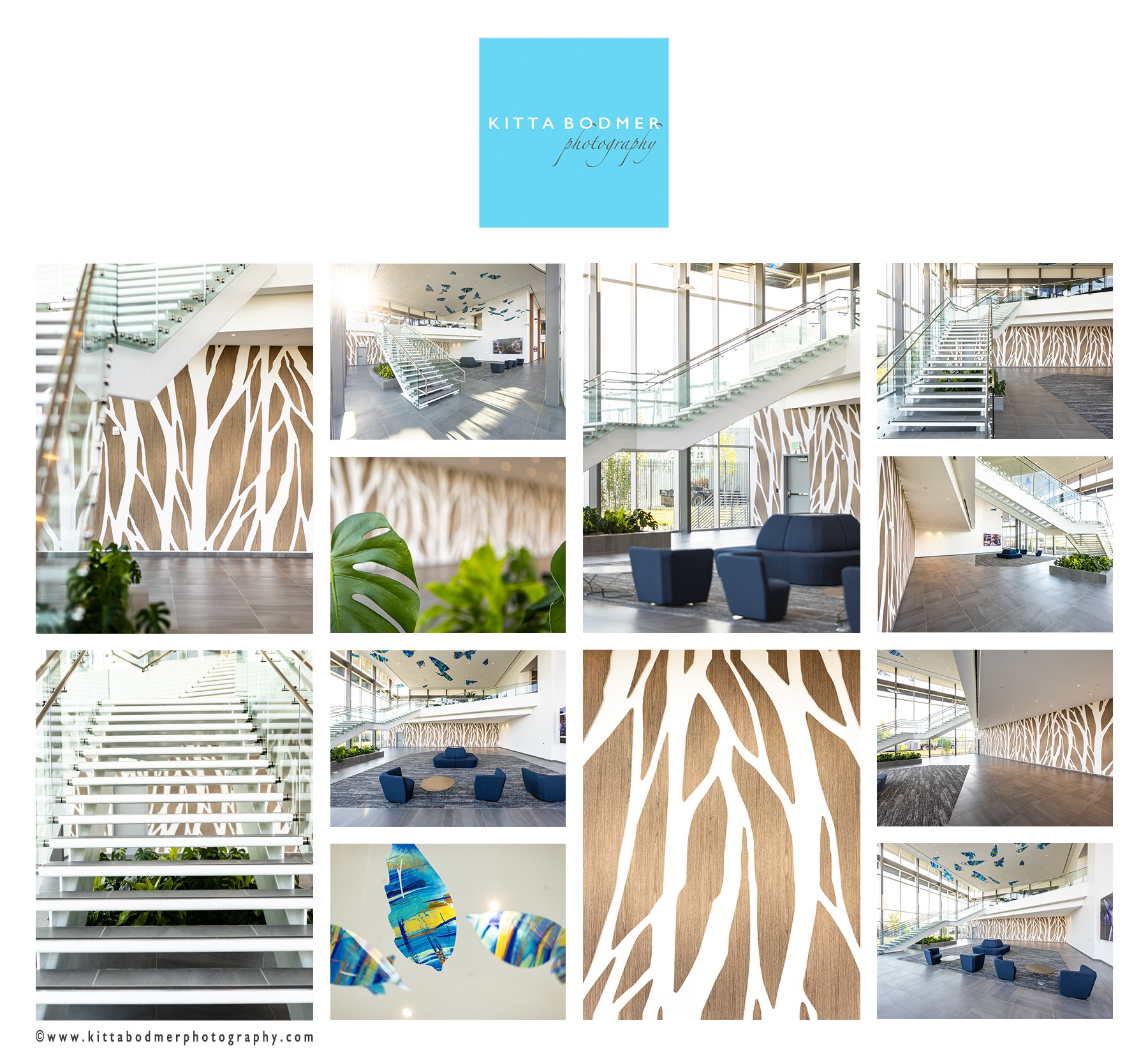 Collage of interior and exterior architectural spaces with stairs, seating, and decorative wall patterns, featuring large windows and natural light.