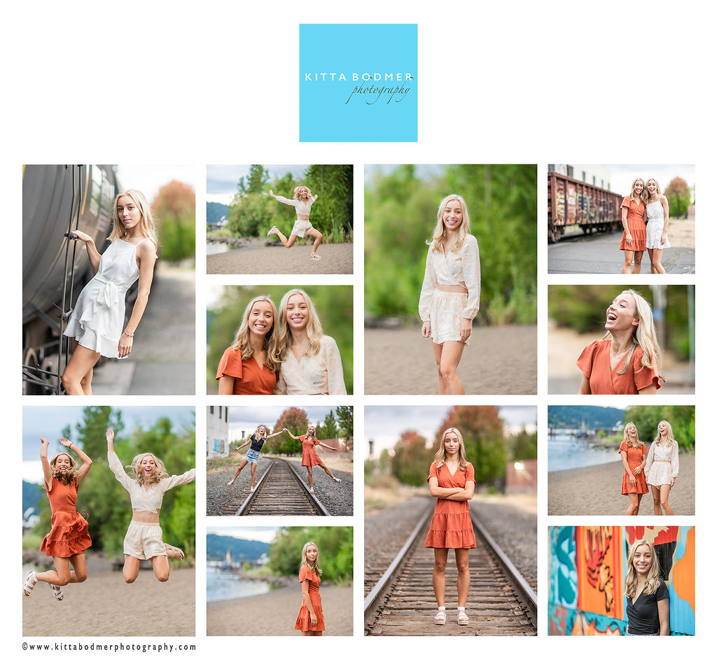 Collage of young women and children outdoors, some on train tracks, in casual clothing, smiling and playing.