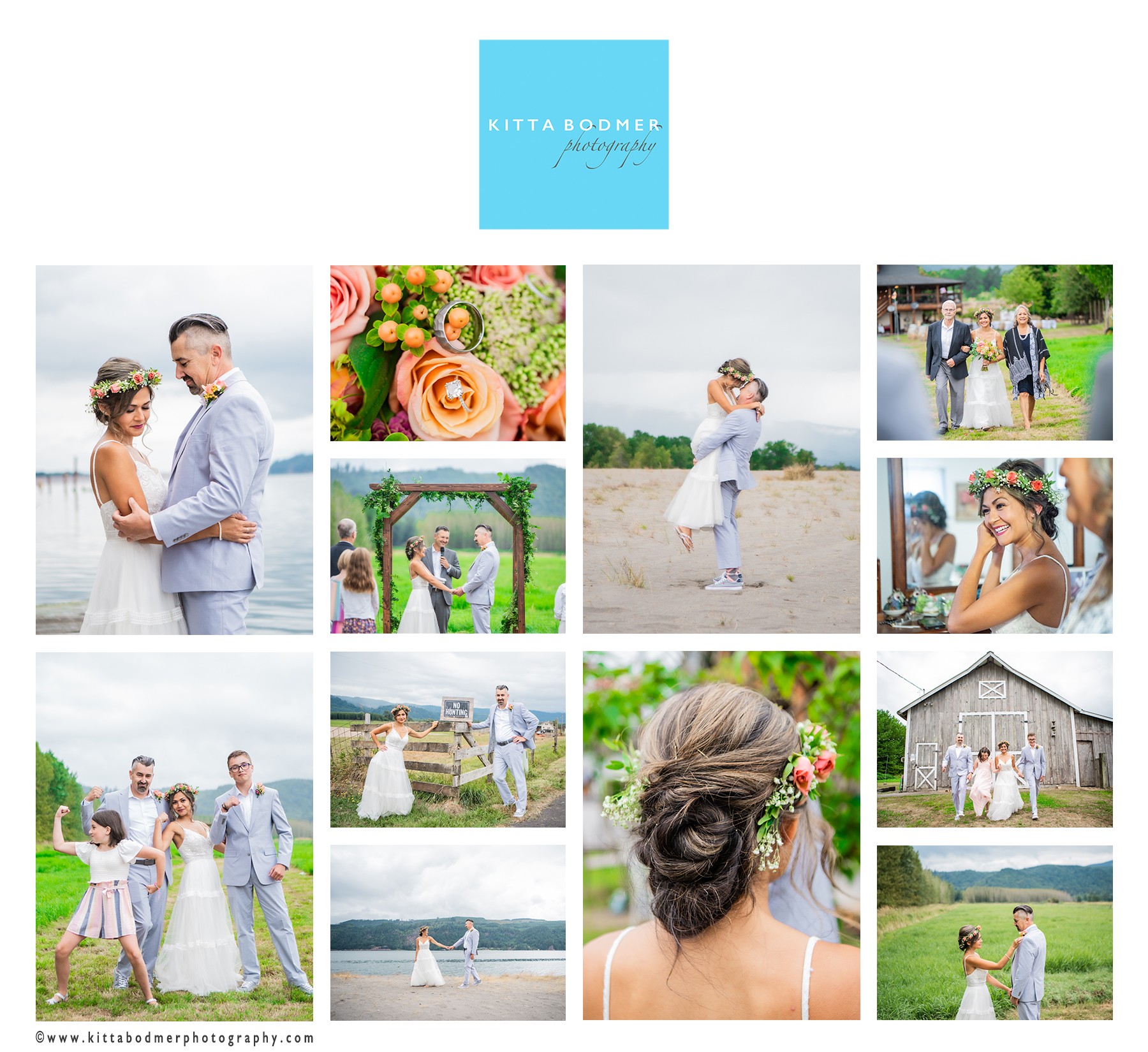 Collage of wedding photos with a bride, groom, and guests outdoors, including flowers, a barn, and lakeside scenes.