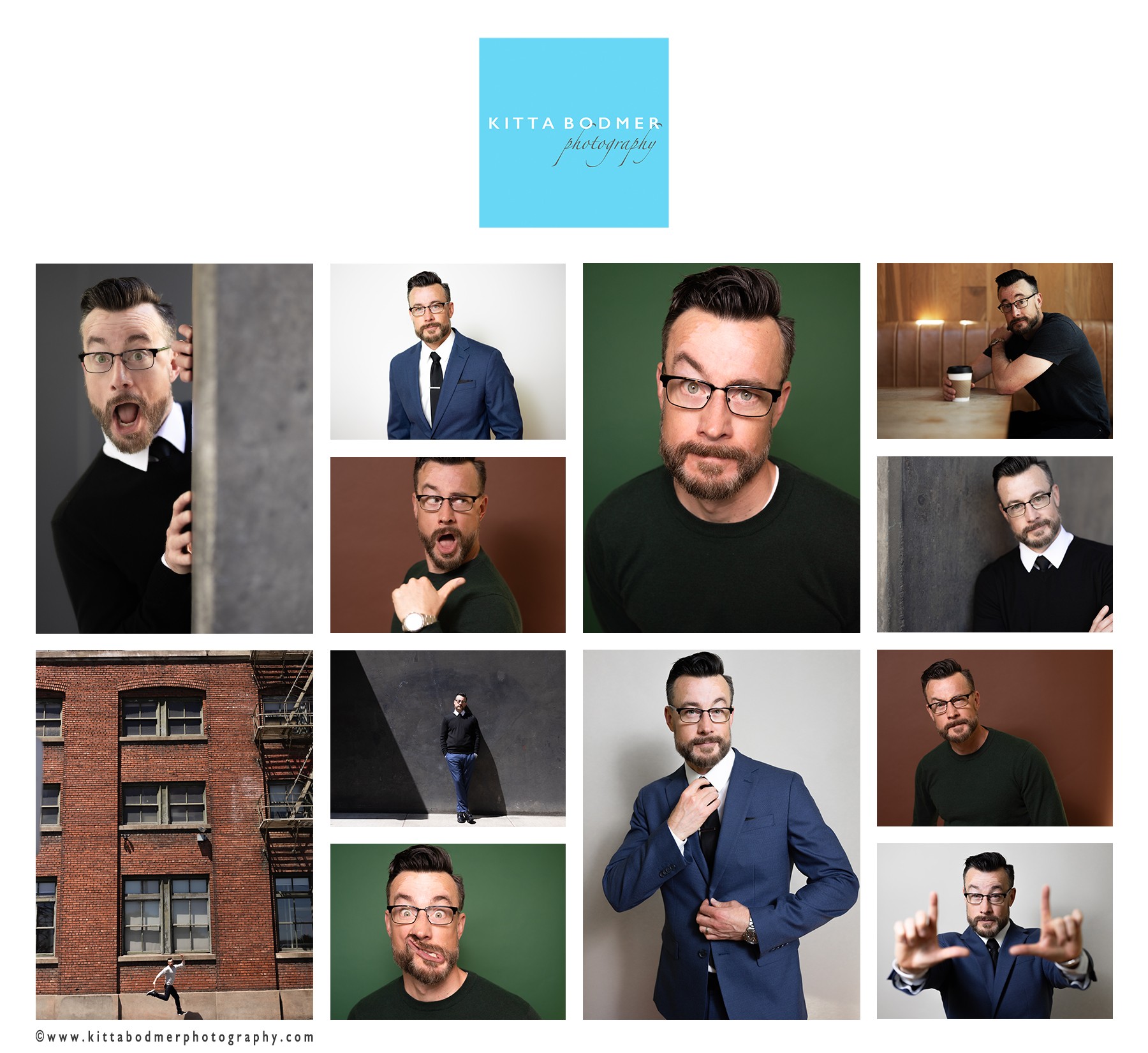 Collage of nine images featuring a man in various poses and outfits, with a blue logo at the top center.
