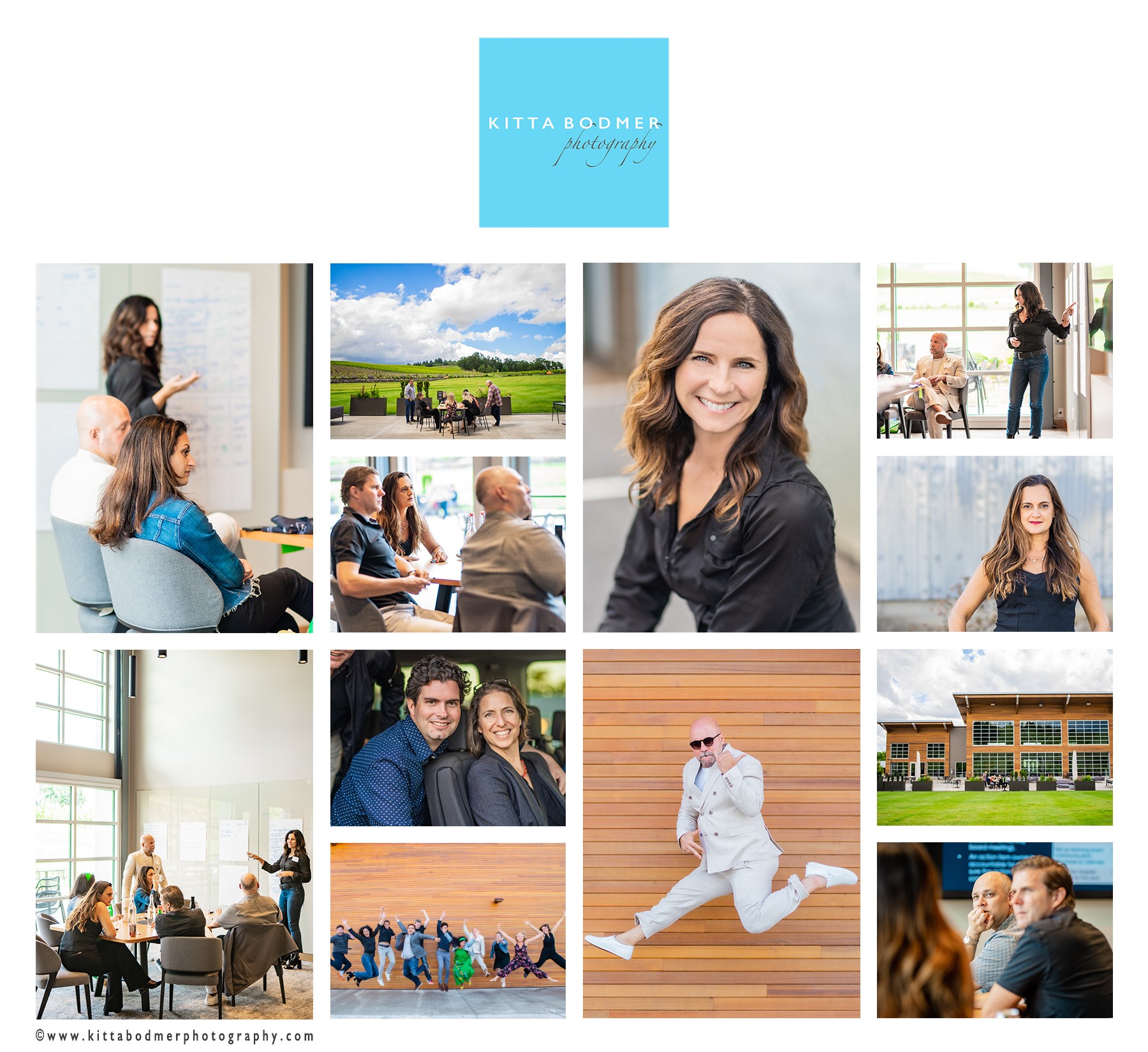 Collage of people in various settings, including meetings, outdoor scenes, and a woman smiling, with a blue logo at the top.