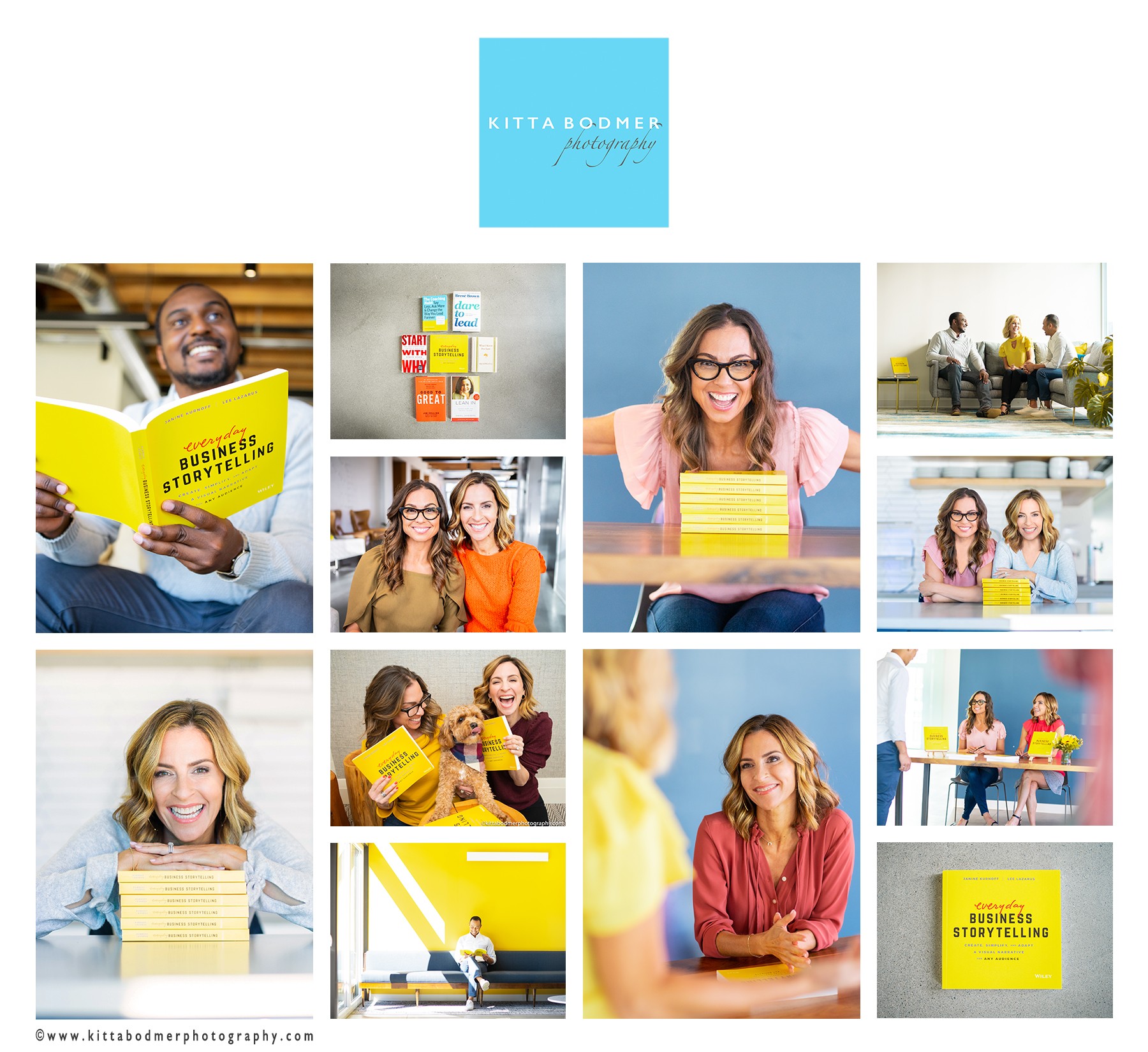 Collage of people reading and holding books, with a blue logo at the top center, and a yellow book titled 'Business Storytelling'.