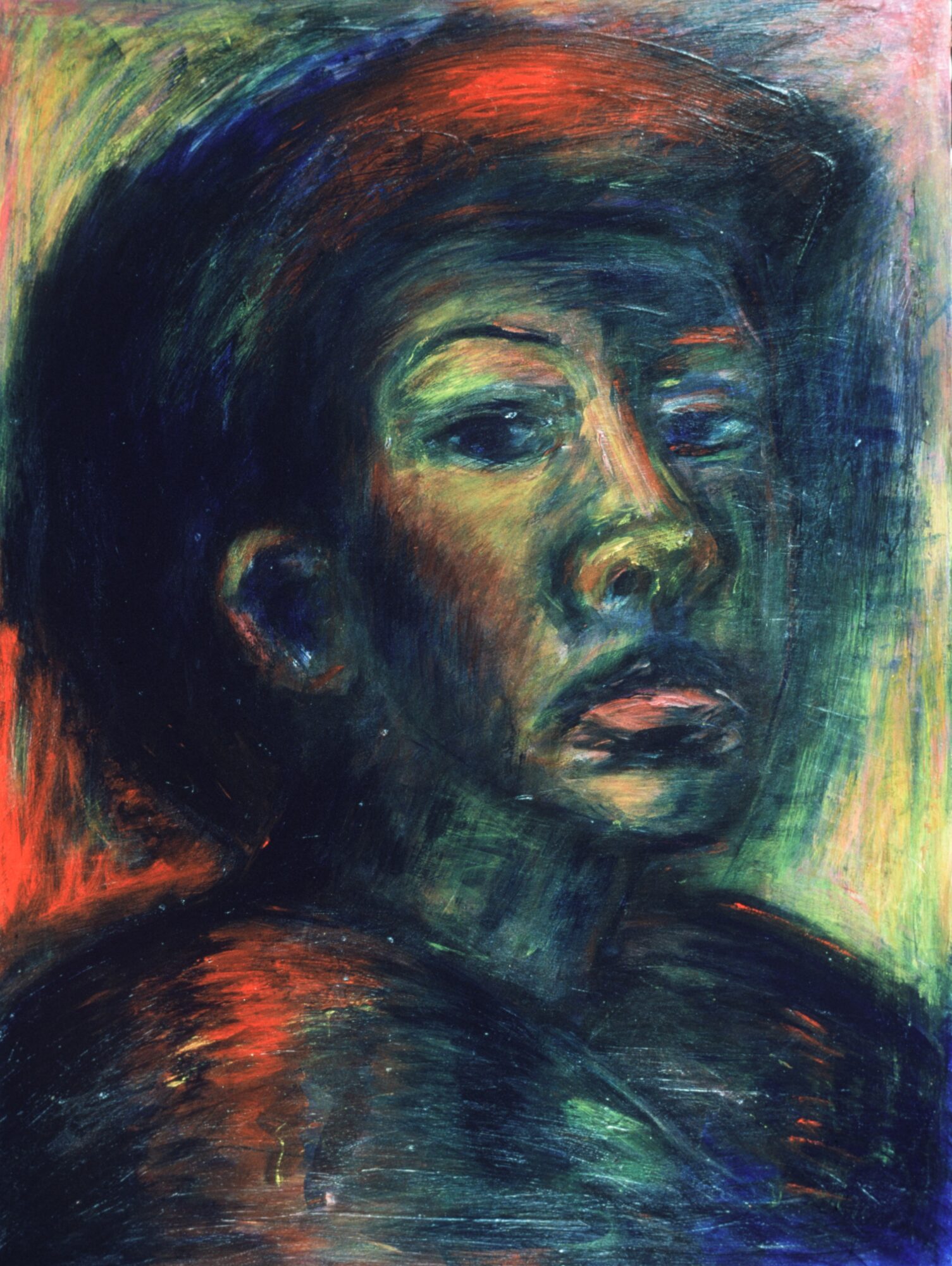Portrait of a woman with a serious expression, painted with bold, colorful brushstrokes, emphasizing facial features and shadows.