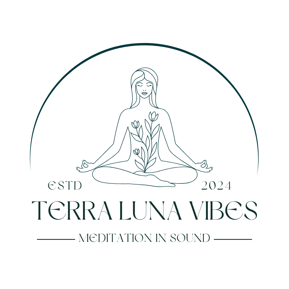 Line drawing of a person meditating with flowers, inside a circle, with text about Terra Luna Vibes and meditation.