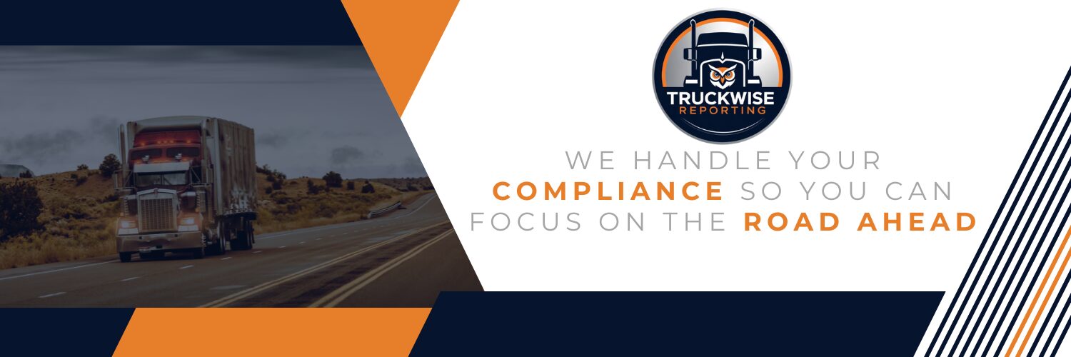 Truck driving on highway with mountains in background, logo and text about compliance and road safety, geometric design elements.