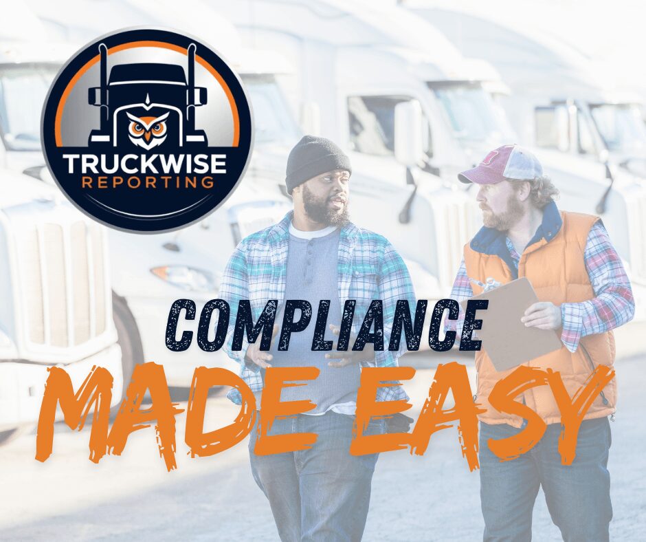 Two people talking outdoors with trucks in background, logo with a truck and owl, and text 'COMPLIANCE MADE EASY'.