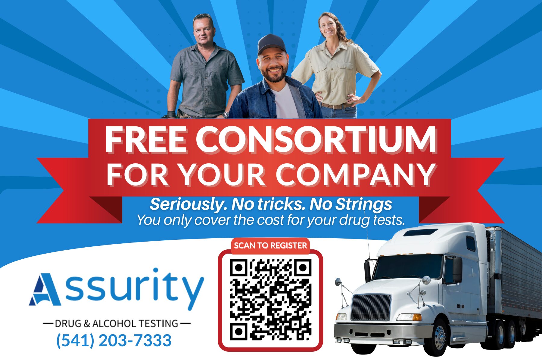 Three people stand behind a red banner with white text, a QR code, and a truck on a blue background.
