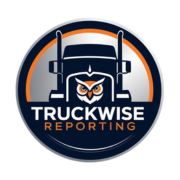 Logo with a truck, owl, and text 'TRUCKWISE REPORTING' in a circular design.