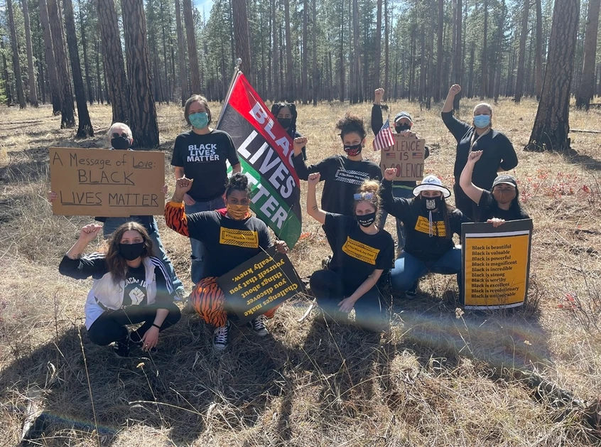 Group of people protesting in a forest, holding signs and a Black Lives Matter flag, wearing masks, some raising fists.