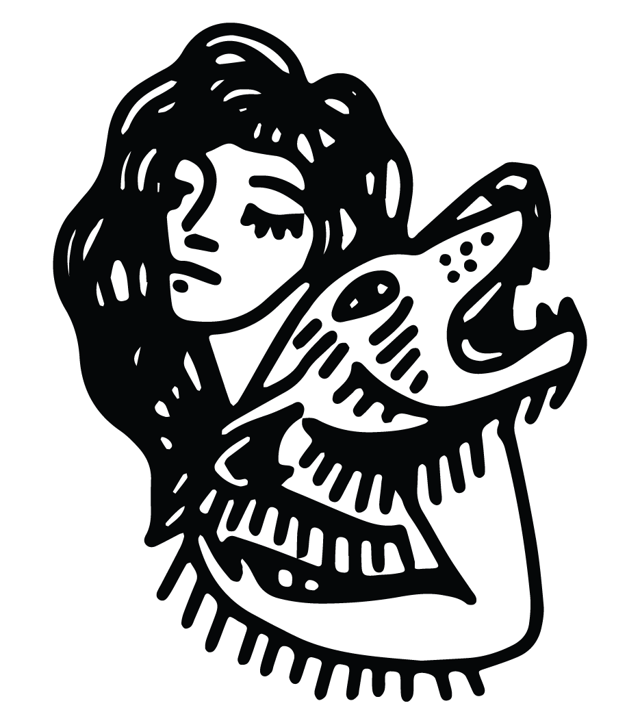 Line drawing of a woman with long hair holding a bird, with a dark background.