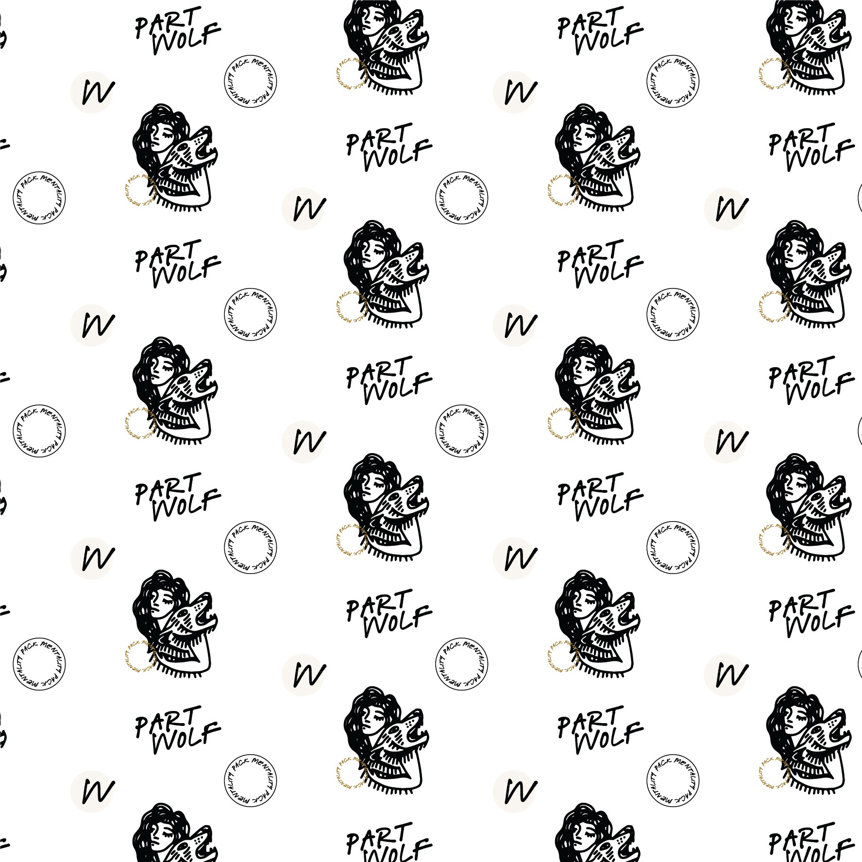 Repeating pattern of a wolf's head, the words 'PART WOLF,' and circular symbols, all in black and white.
