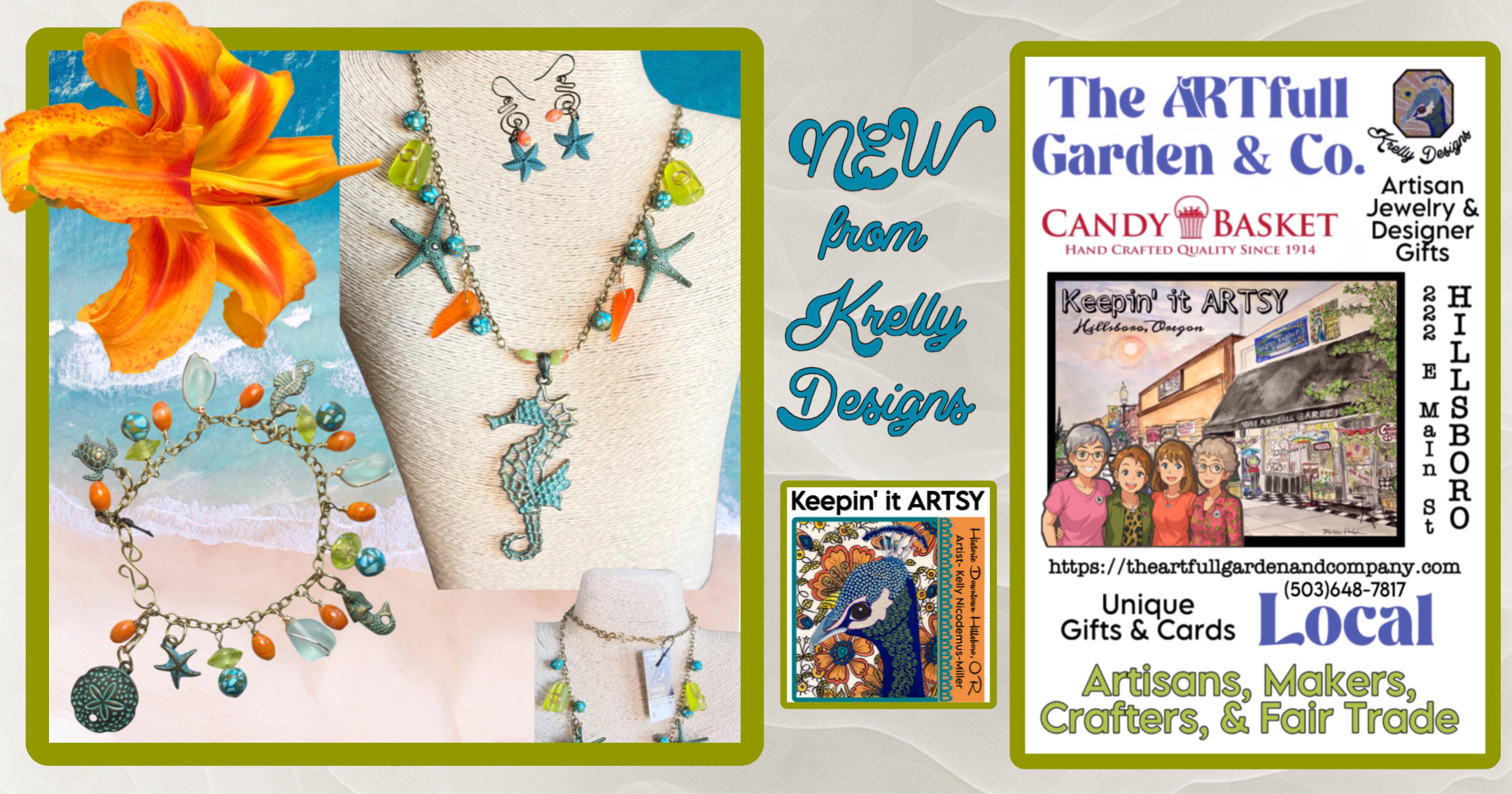 Jewelry display with necklaces and earrings, advertisement for craft and jewelry shops, and a garden decor store flyer.