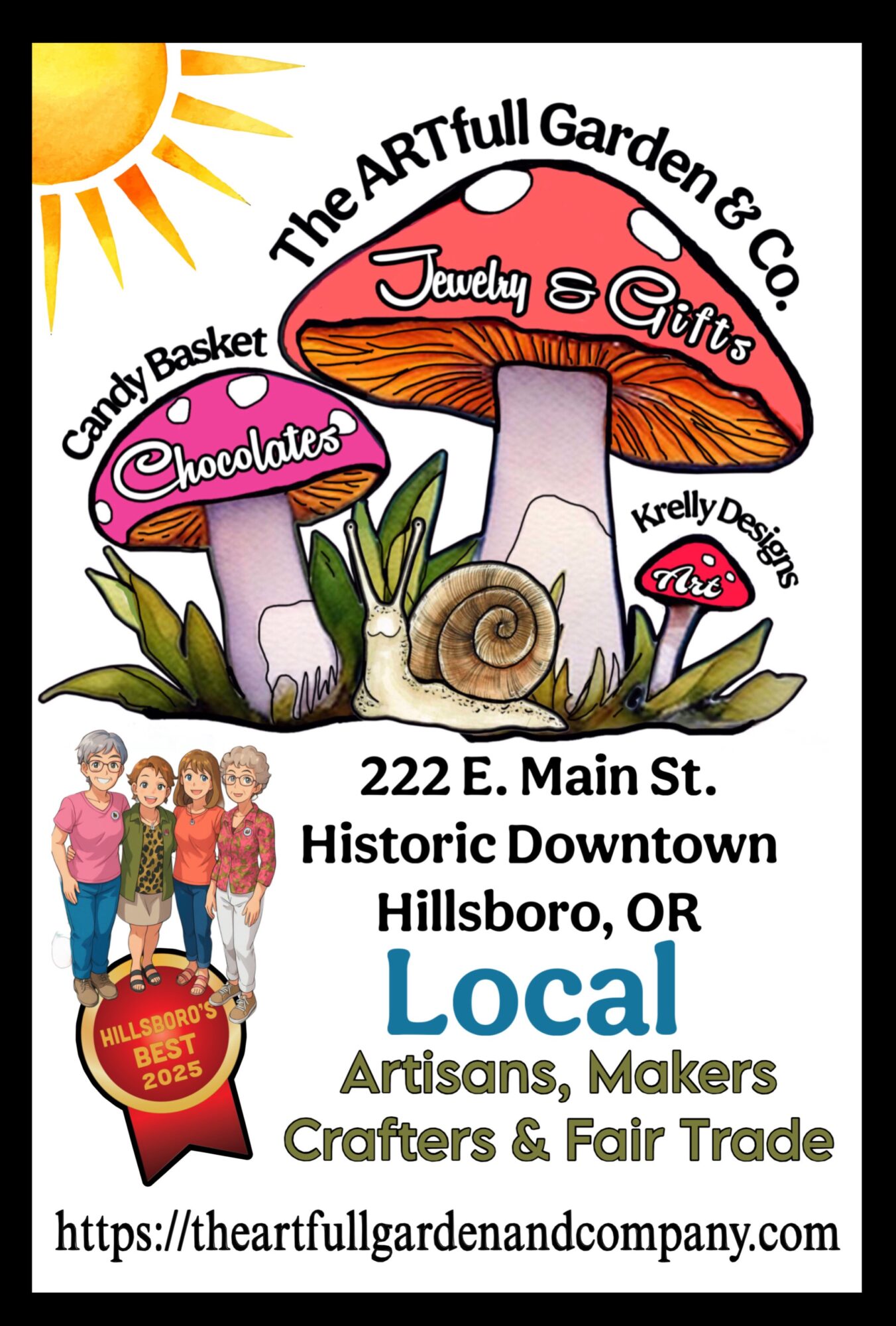 Advertisement for The ARTfull Garden & Co. featuring a large mushroom, smaller mushrooms, a snail, and children, with event details.