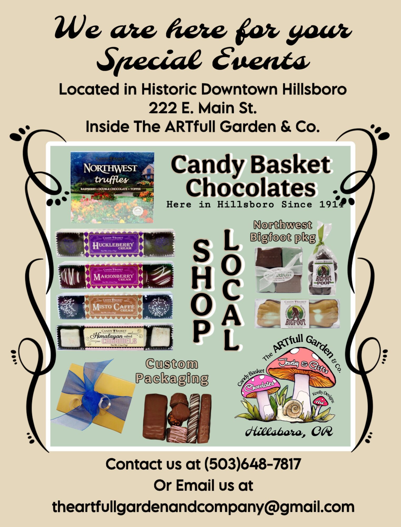 Flyer for local event with candy baskets, chocolates, and custom packaging, including contact information and location details.