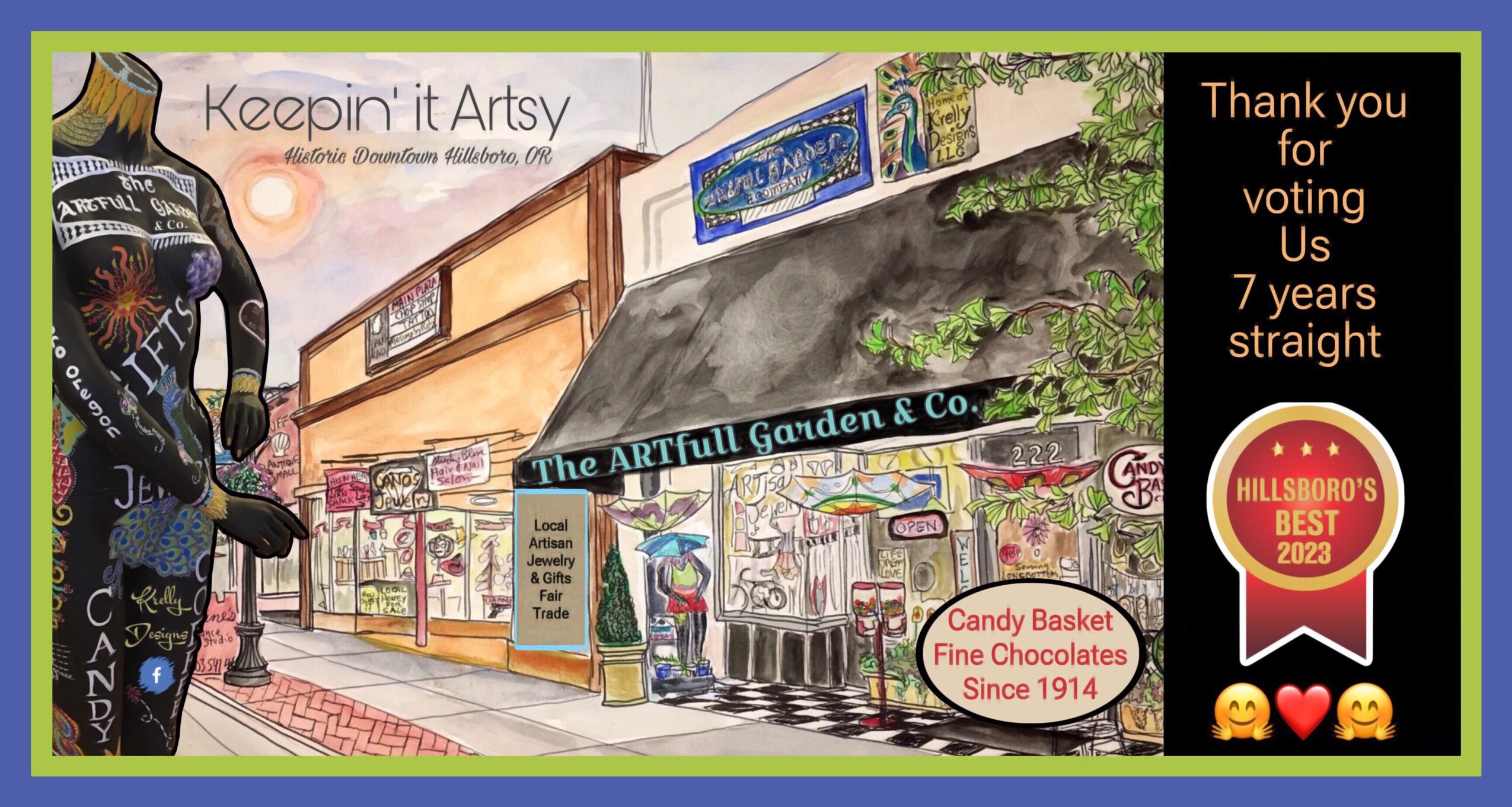 Street view of a garden shop with signs, a person in black, and a black sign with red and yellow text, and emojis.