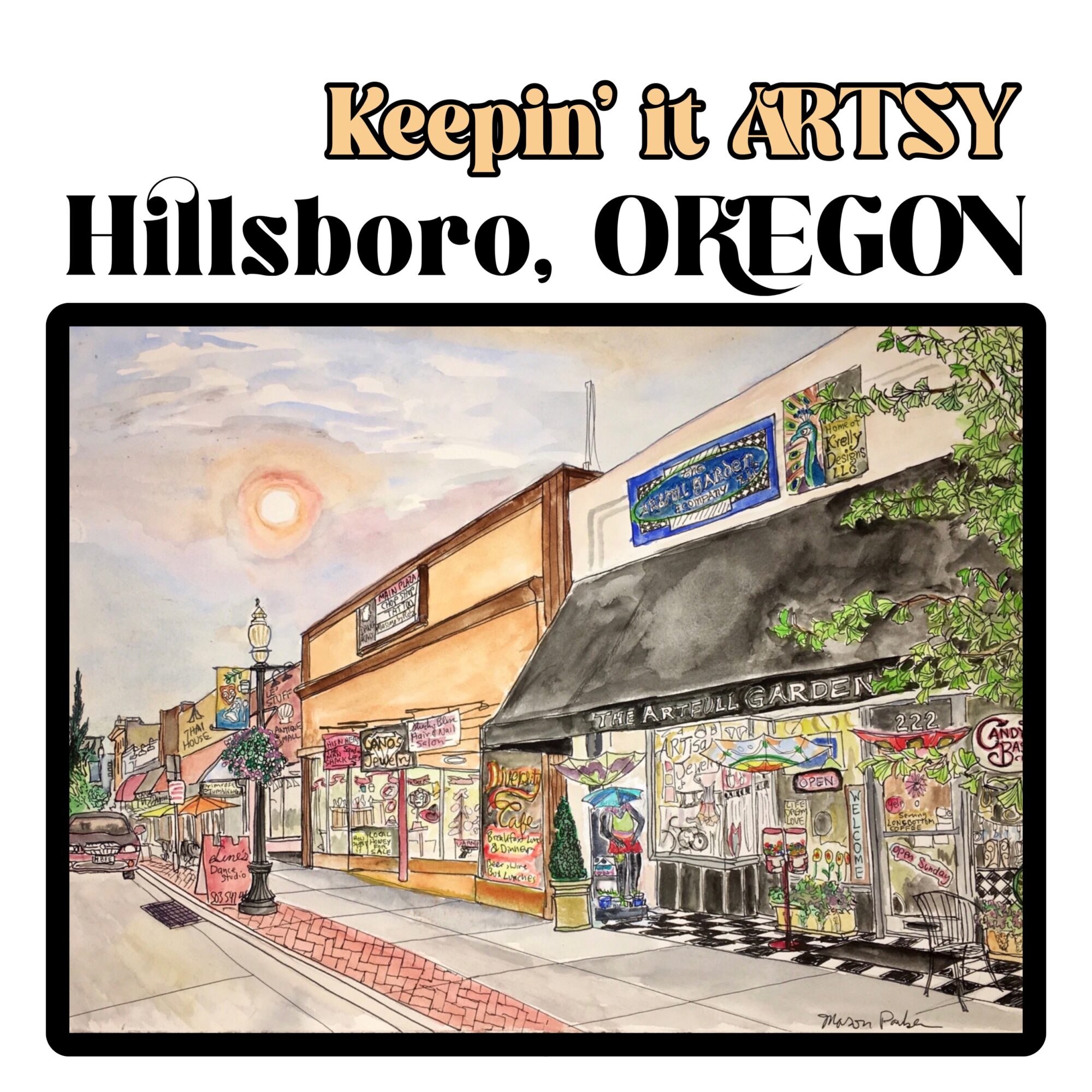 Street scene with buildings, storefronts, and people on a sunny day in Hillsboro, Oregon, with colorful artwork and trees.