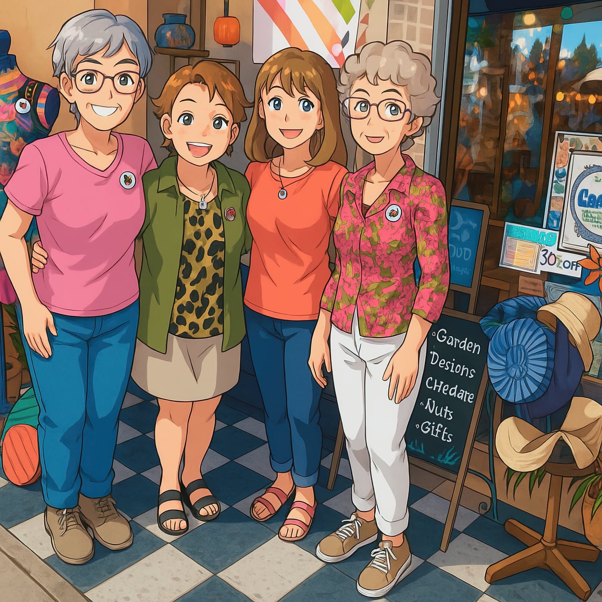 Four women standing together inside a shop, smiling, with colorful decorations and a chalkboard sign behind them.