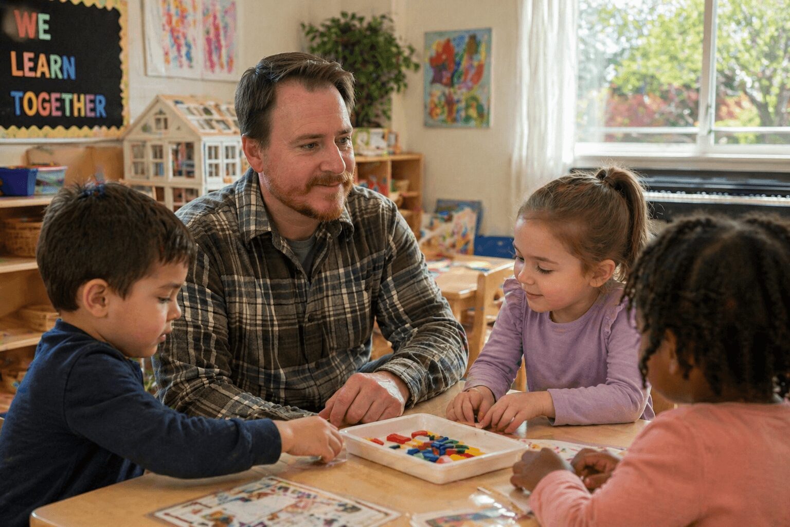 Teacher with three children at a table in a classroom, engaging in a craft activity with colorful beads.