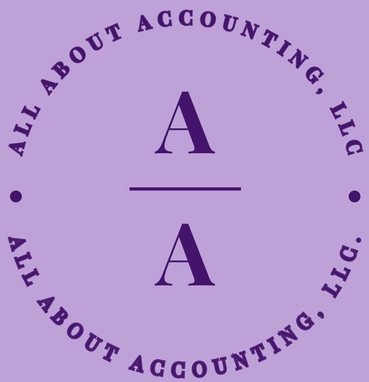 Purple circular logo with text 'ALL ABOUT ACCOUNTING, LLC' around the edge and a large 'A' in the center.