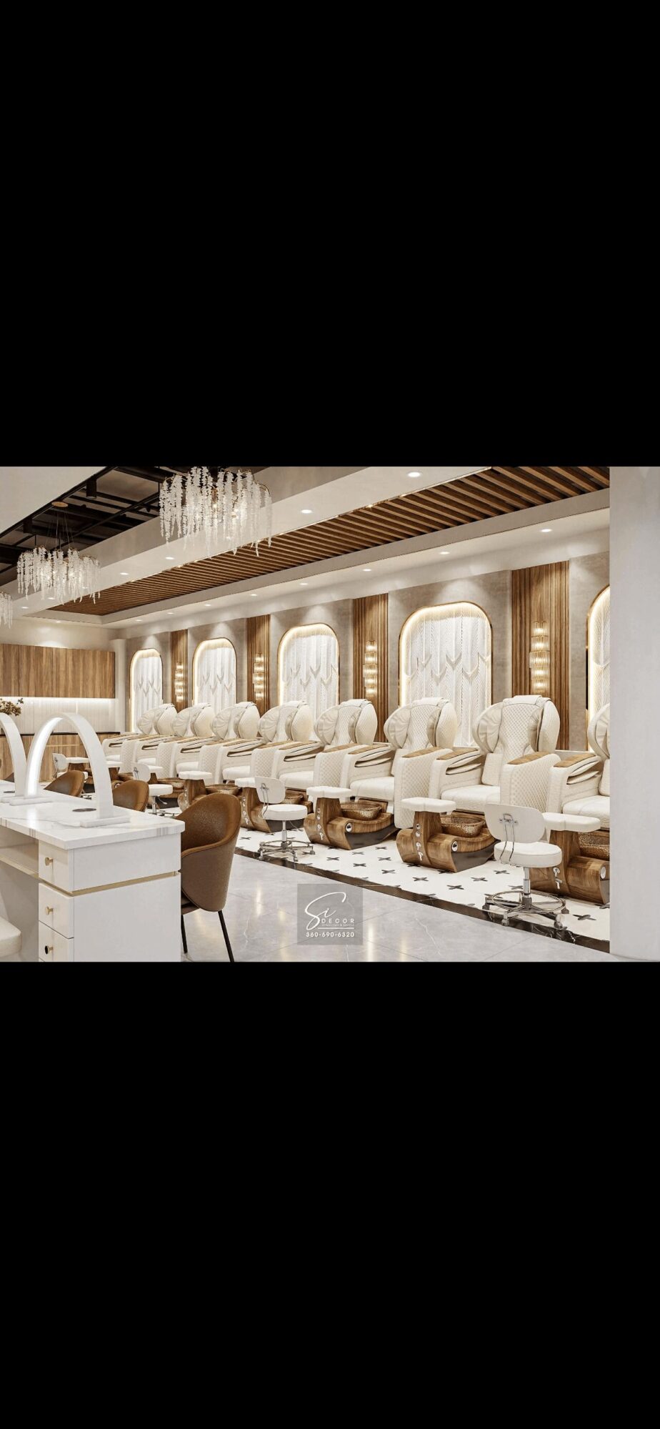 Elegant nail salon with white chairs, large mirrors, and decorative lighting, creating a luxurious atmosphere.
