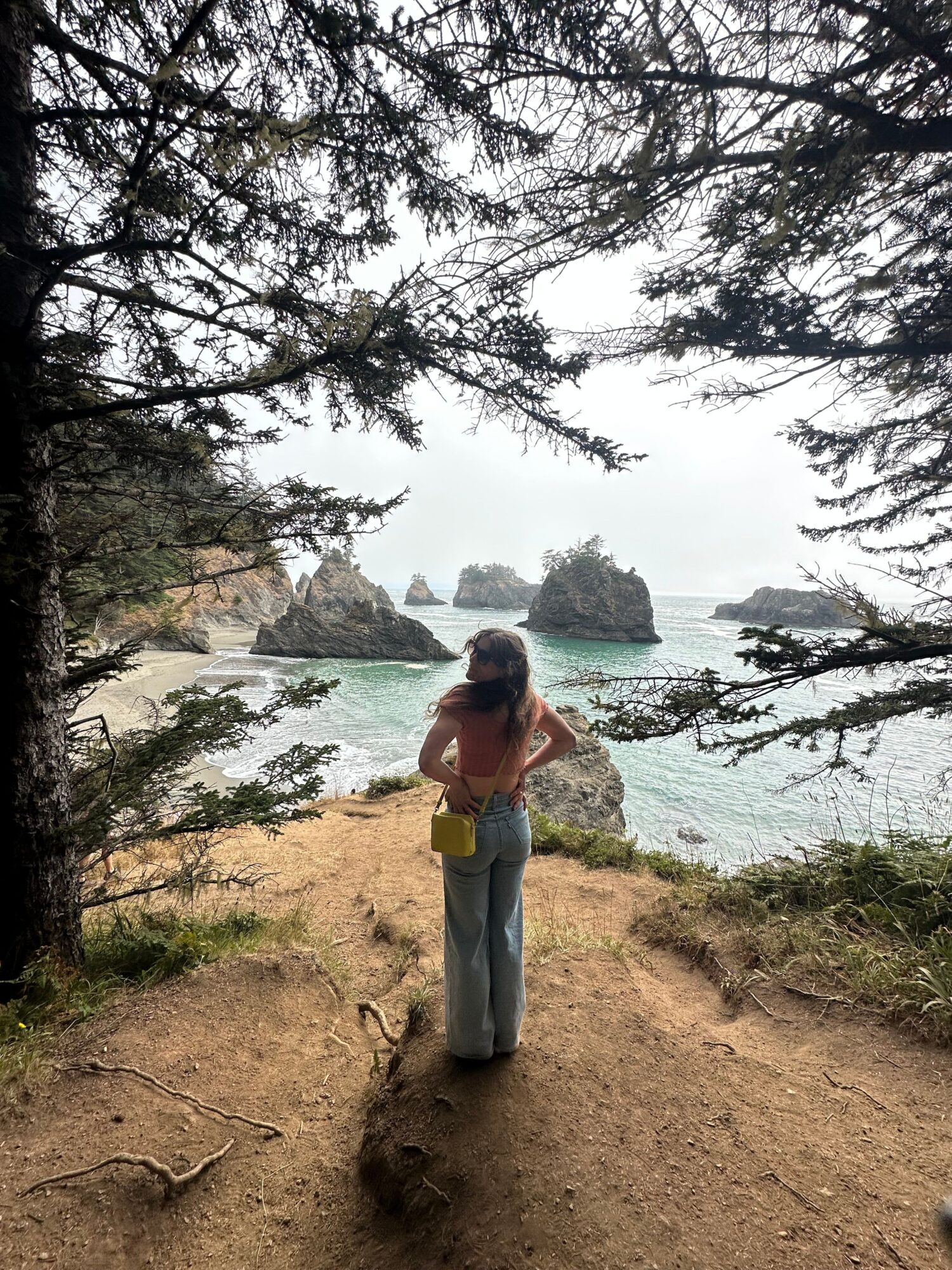 Person standing on a dirt path near trees with a view of the ocean and rocks in the background.
