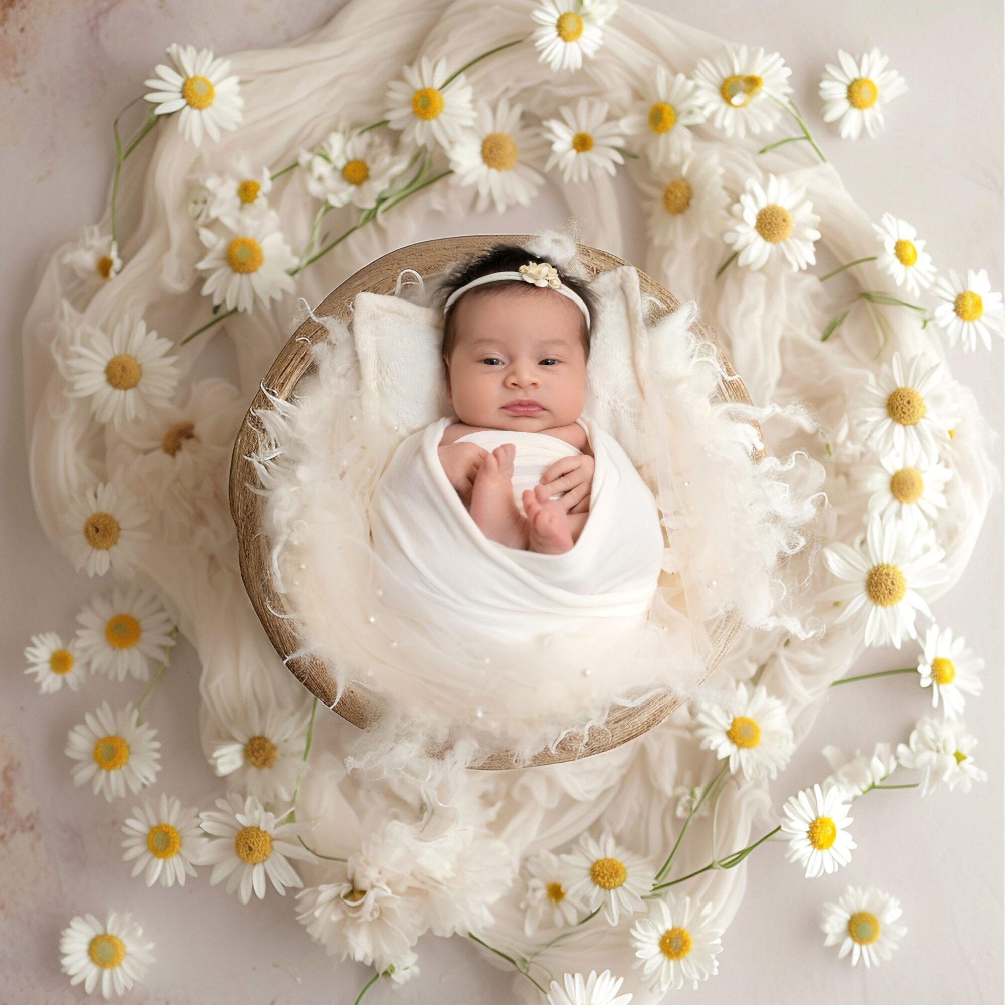 Baby wrapped in white cloth, lying in a basket surrounded by daisies and soft fabric, looking at the camera.