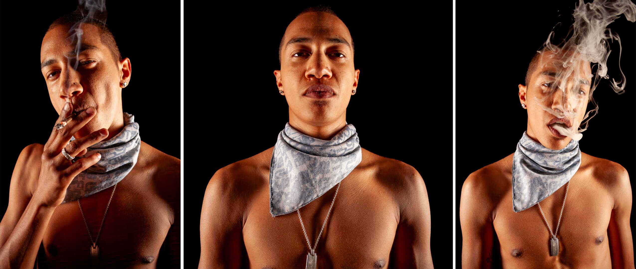 Three images of a shirtless person with a bandana, showing different expressions and smoking, against a black background.