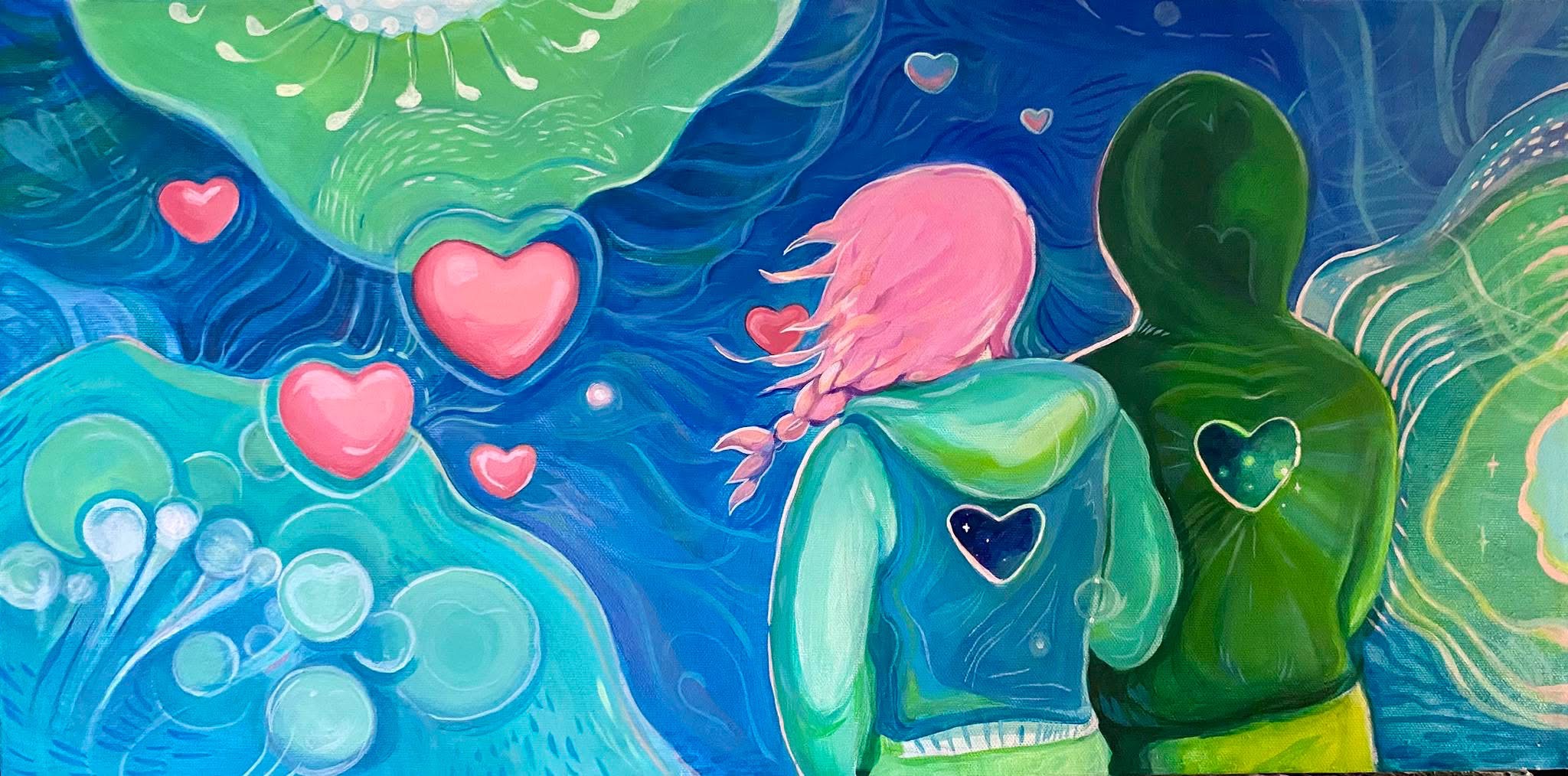 Two people with their backs facing the viewer, surrounded by colorful, abstract water and heart shapes, in a vibrant scene.