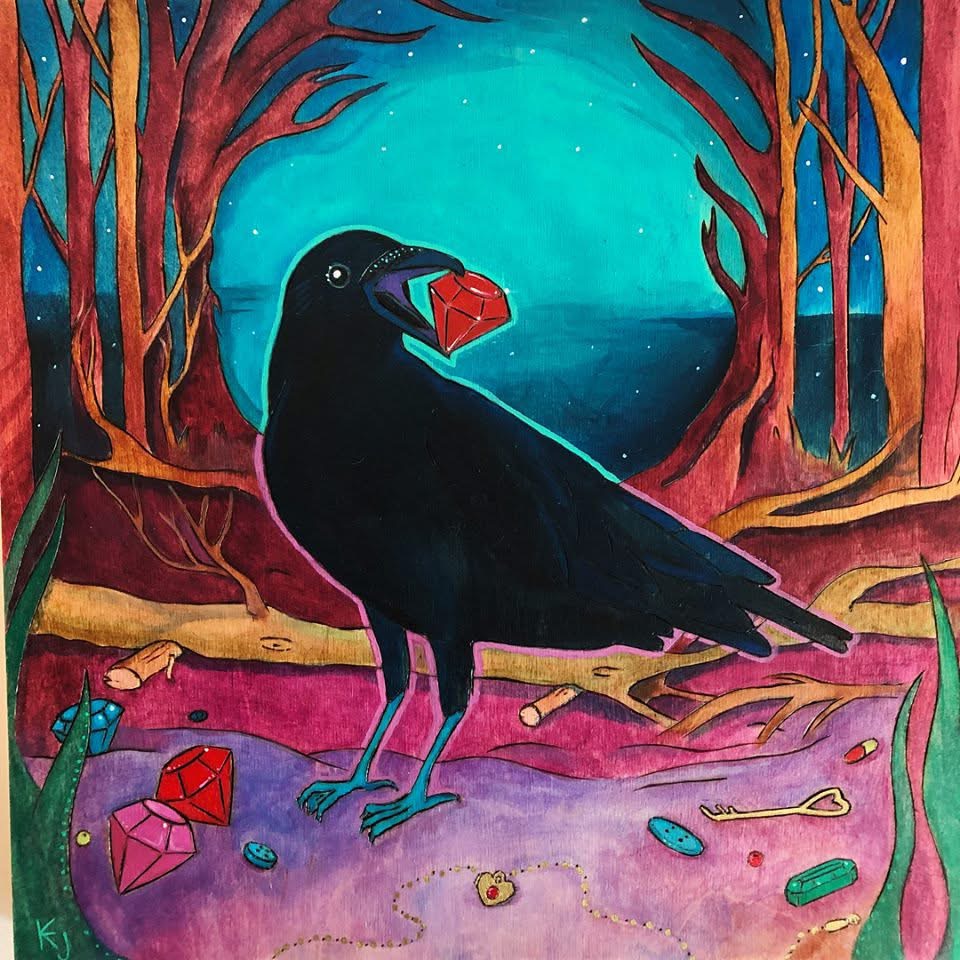 A black bird holding a red gemstone in its beak, standing in a colorful forest with trees and a starry sky.