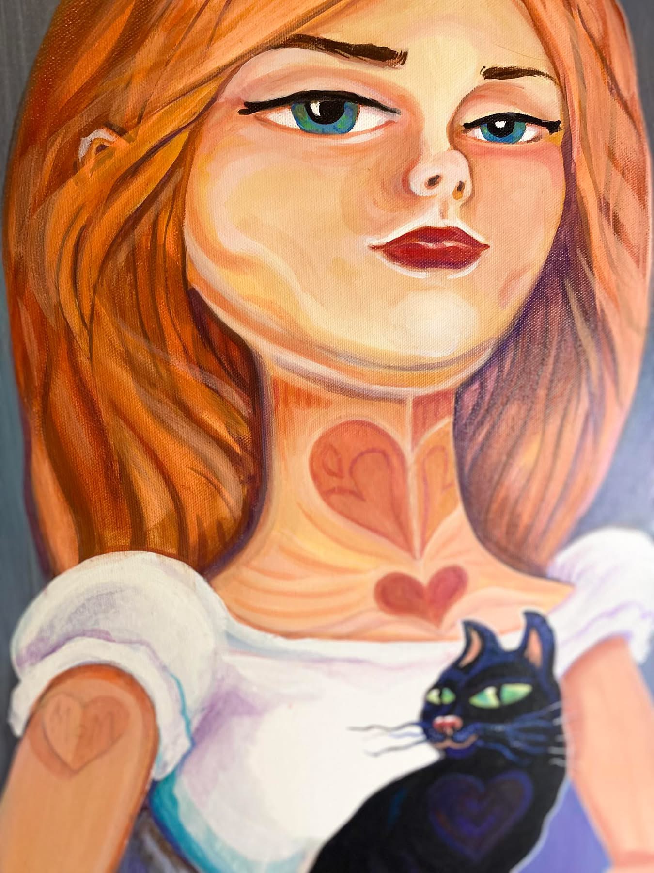 Portrait of a woman with long red hair and blue eyes, wearing a white top, with a black cat nearby, and a heart tattoo on her neck.