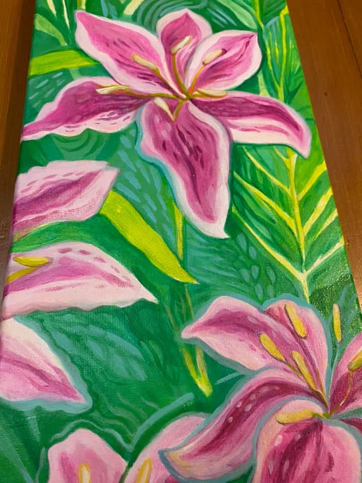 Painting of pink lilies with green leaves on a green background.