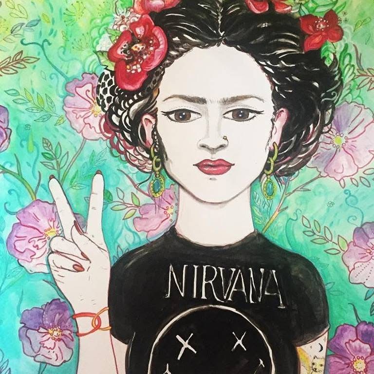 Drawing of a woman with dark hair, wearing a Nirvana T-shirt, making a peace sign, surrounded by colorful flowers.
