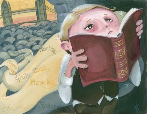 Child with blonde hair reading a large book, looking worried, with a background of a bridge and a list of magical words.