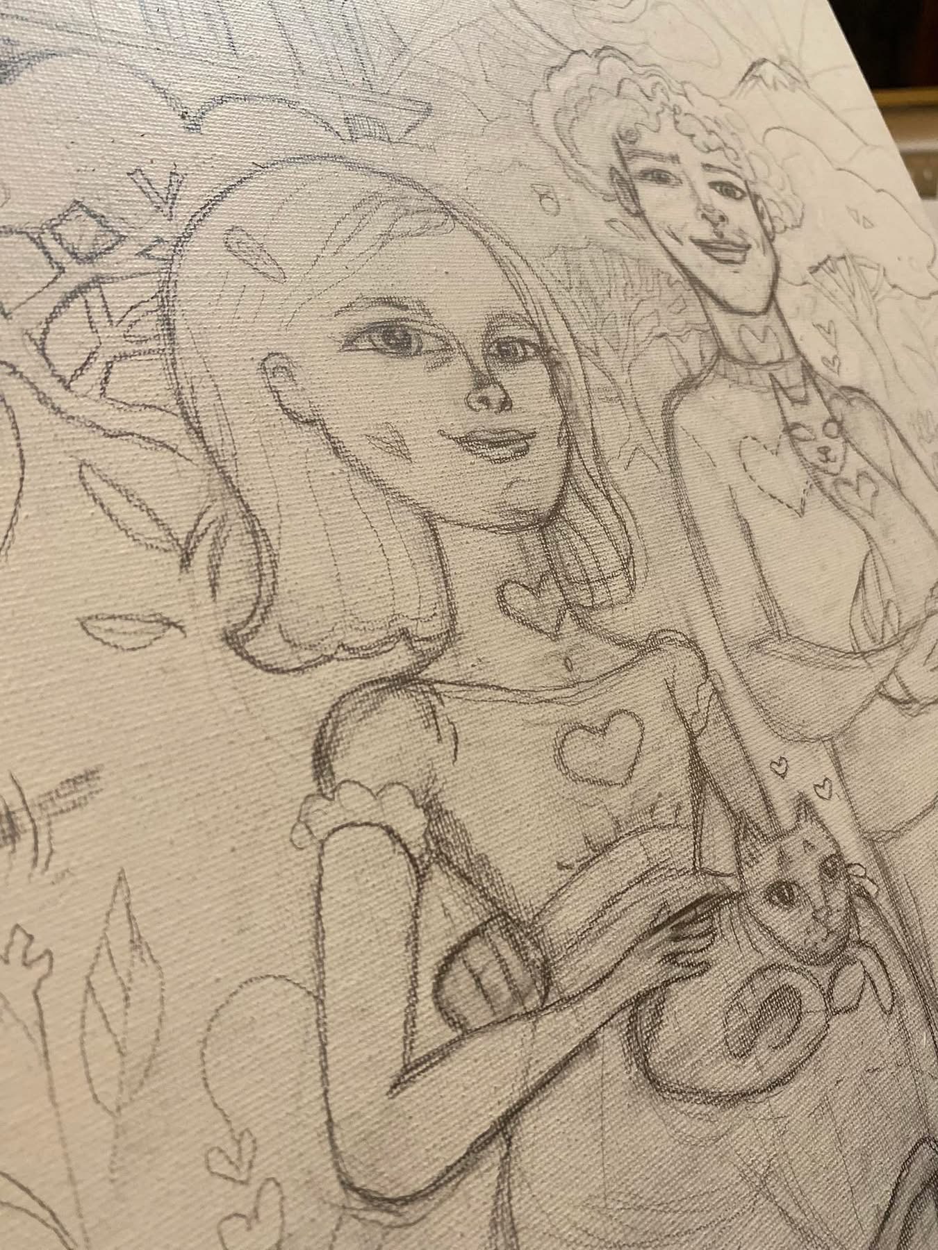 Sketch of two women, one holding a chameleon, with detailed facial features and clothing, on textured paper.