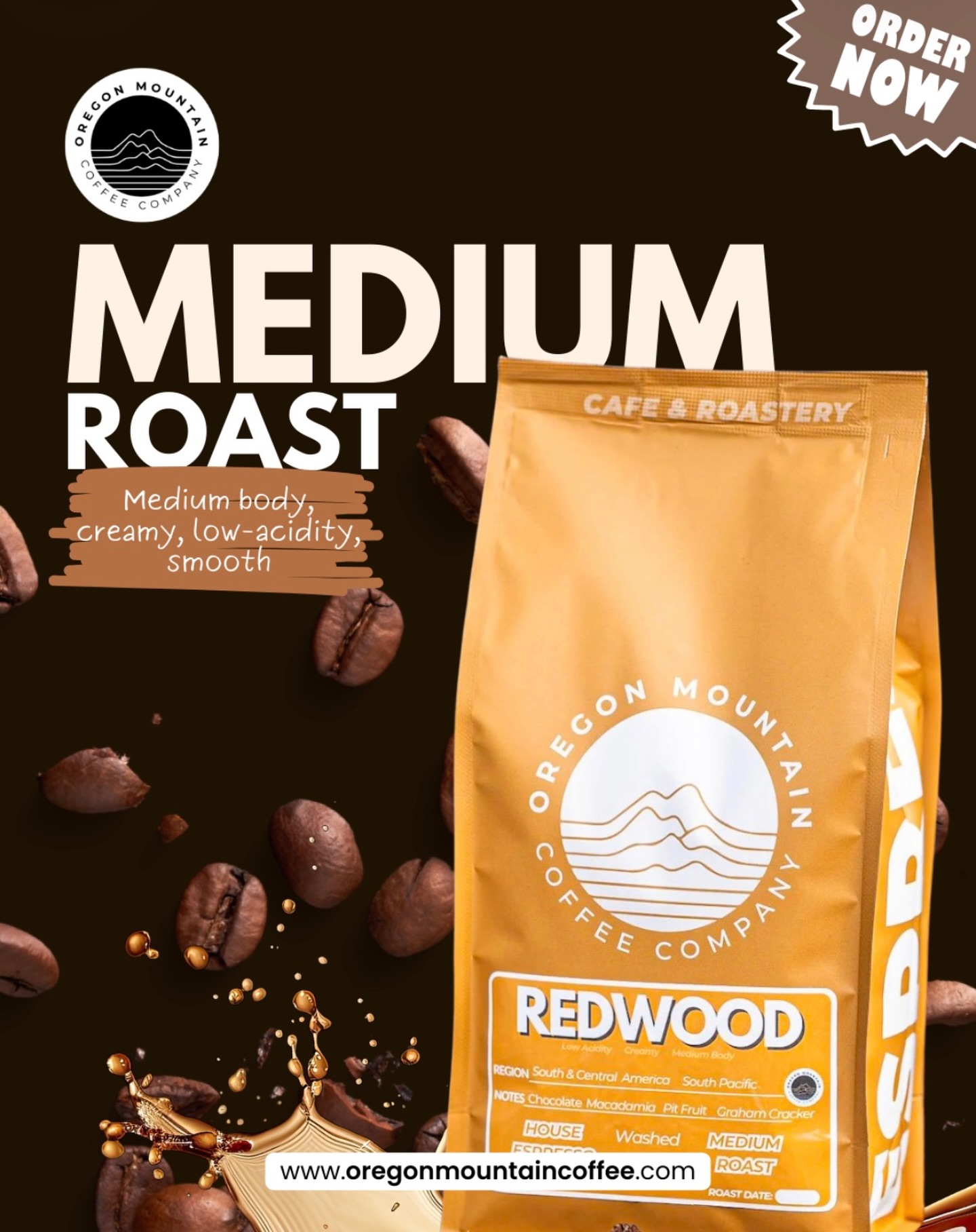 Coffee bag labeled 'Redwood' with coffee beans and splash of coffee around it, on a dark background.