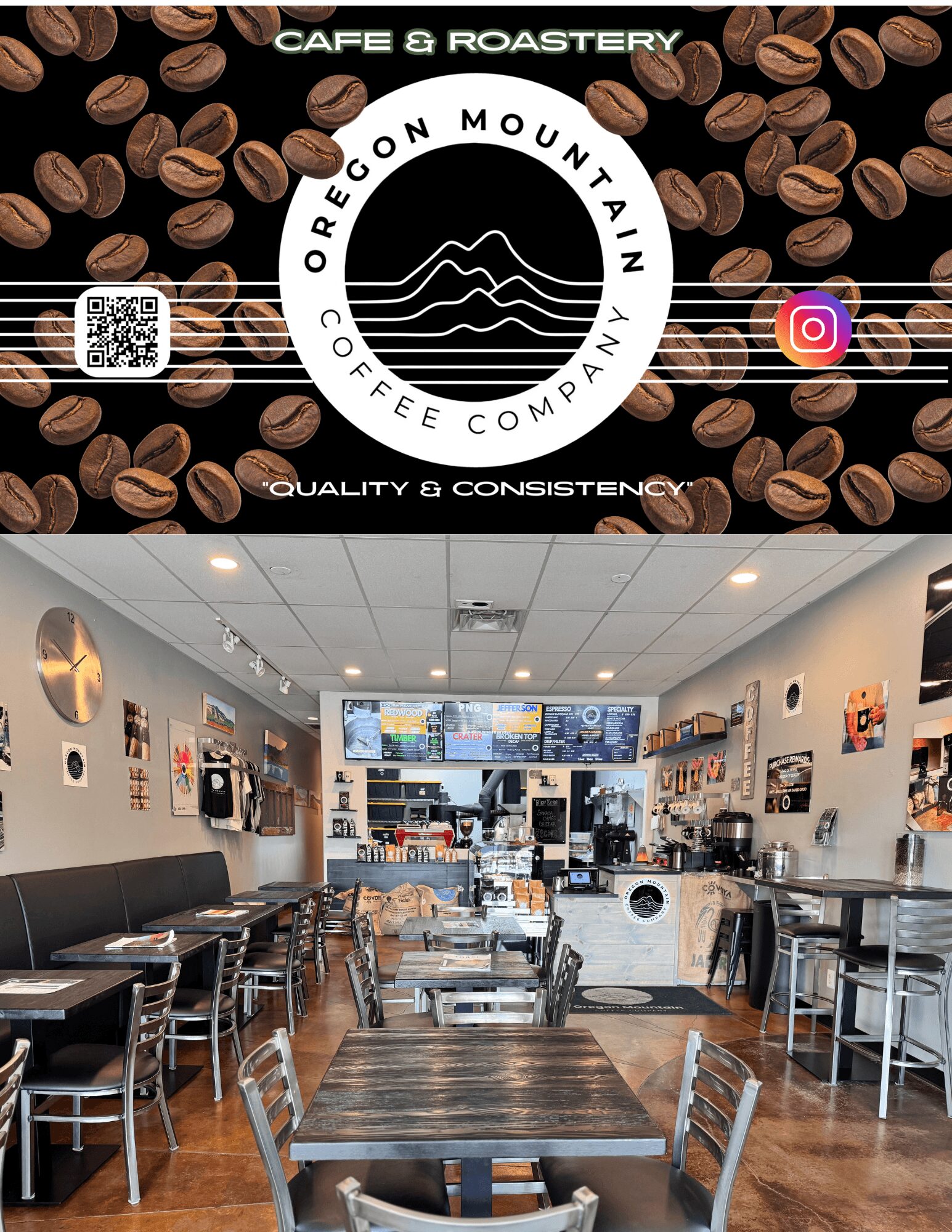 Interior of a coffee shop with tables, chairs, and a counter area with menu screens, decorated walls, and artwork.