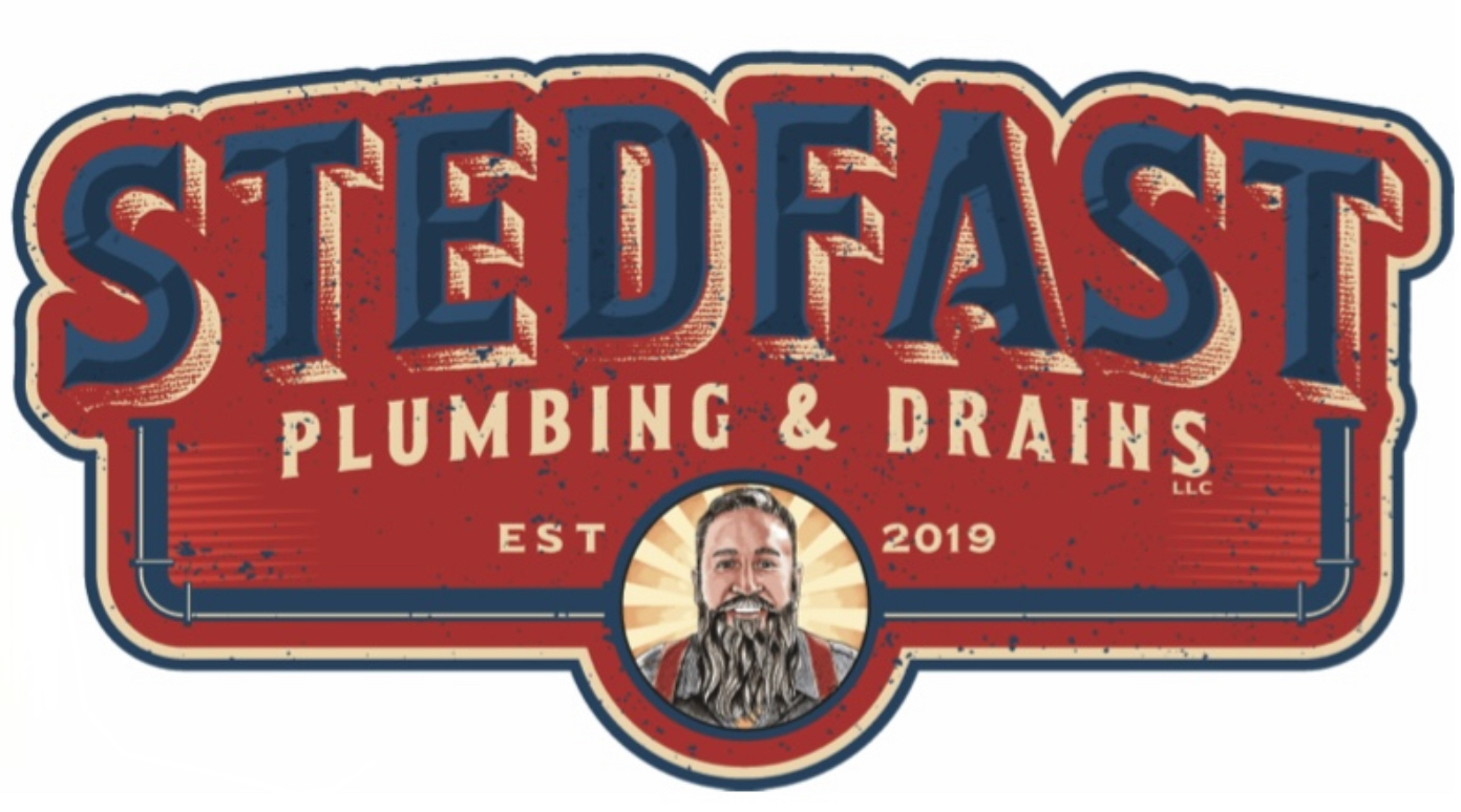 Logo for Stedfast Plumbing and Drains with text, a man’s photo, and established year 2019.