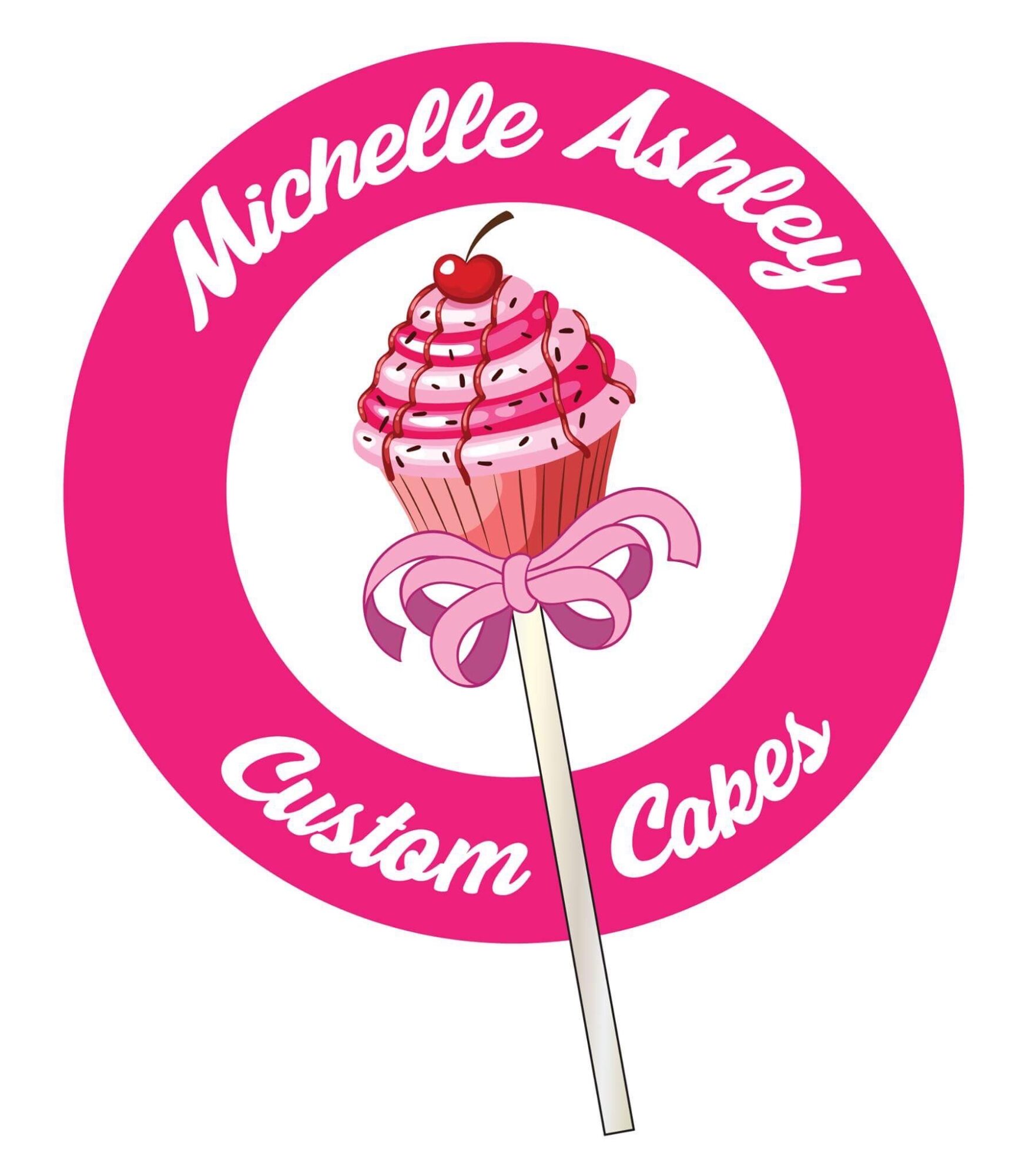 Pink circular logo with a cupcake topped with pink frosting and a cherry, surrounded by text reading 'Michelle Ashley Custom Cakes'.