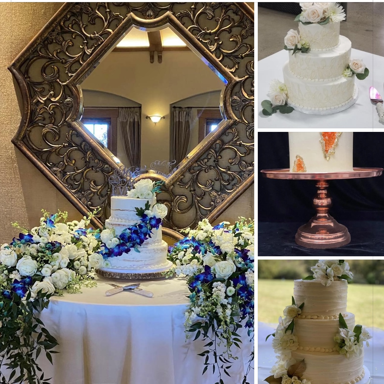 Decorative mirror above a table with a cake, surrounded by flowers; three additional cakes on different stands, all with flowers.