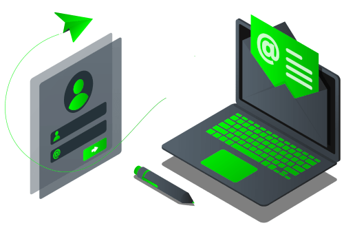 Digital illustration of a smartphone with a user profile, a laptop with email icon, and a pen, all in green and black.