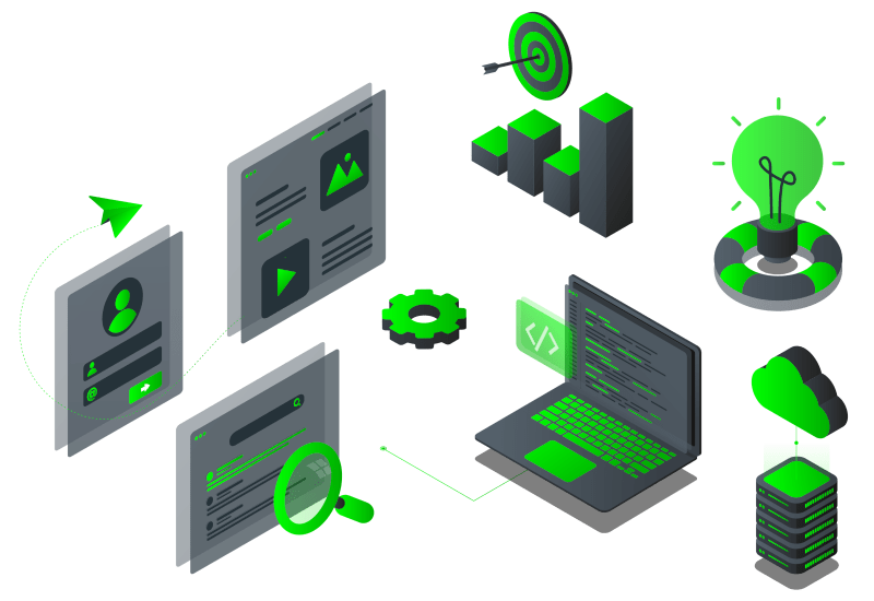 Digital illustration of screens, a laptop, gear, target, light bulb, cloud, and data icons in green and black.