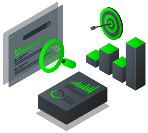 Digital analytics icons including a magnifying glass, bar chart, target, and data visualization on a black background.