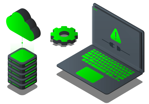 Cloud storage, gear icon, and laptop with warning symbol on screen, all in green and black colors.